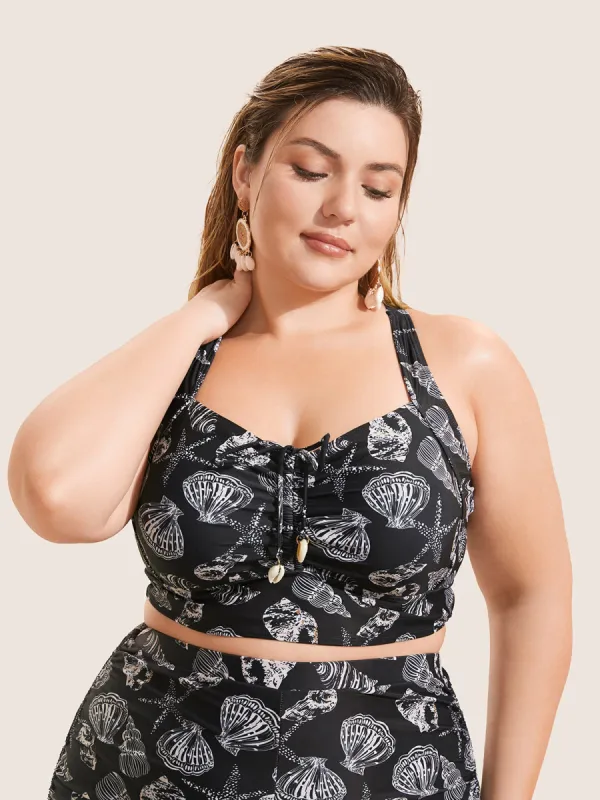 Shell Print Drawstring Ruched Skinny Swim Top sold by Bloomchic