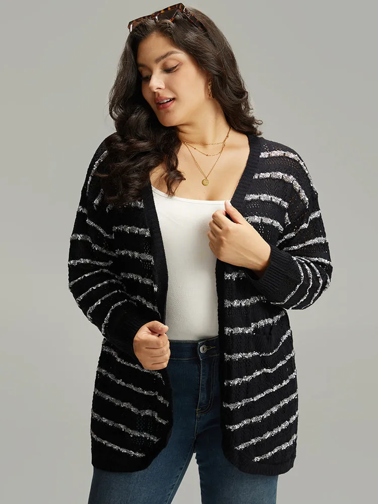 Striped Eyelet Curved Hem Patched Pocket Cardigan sold by Bloomchic product image thumbnail 3