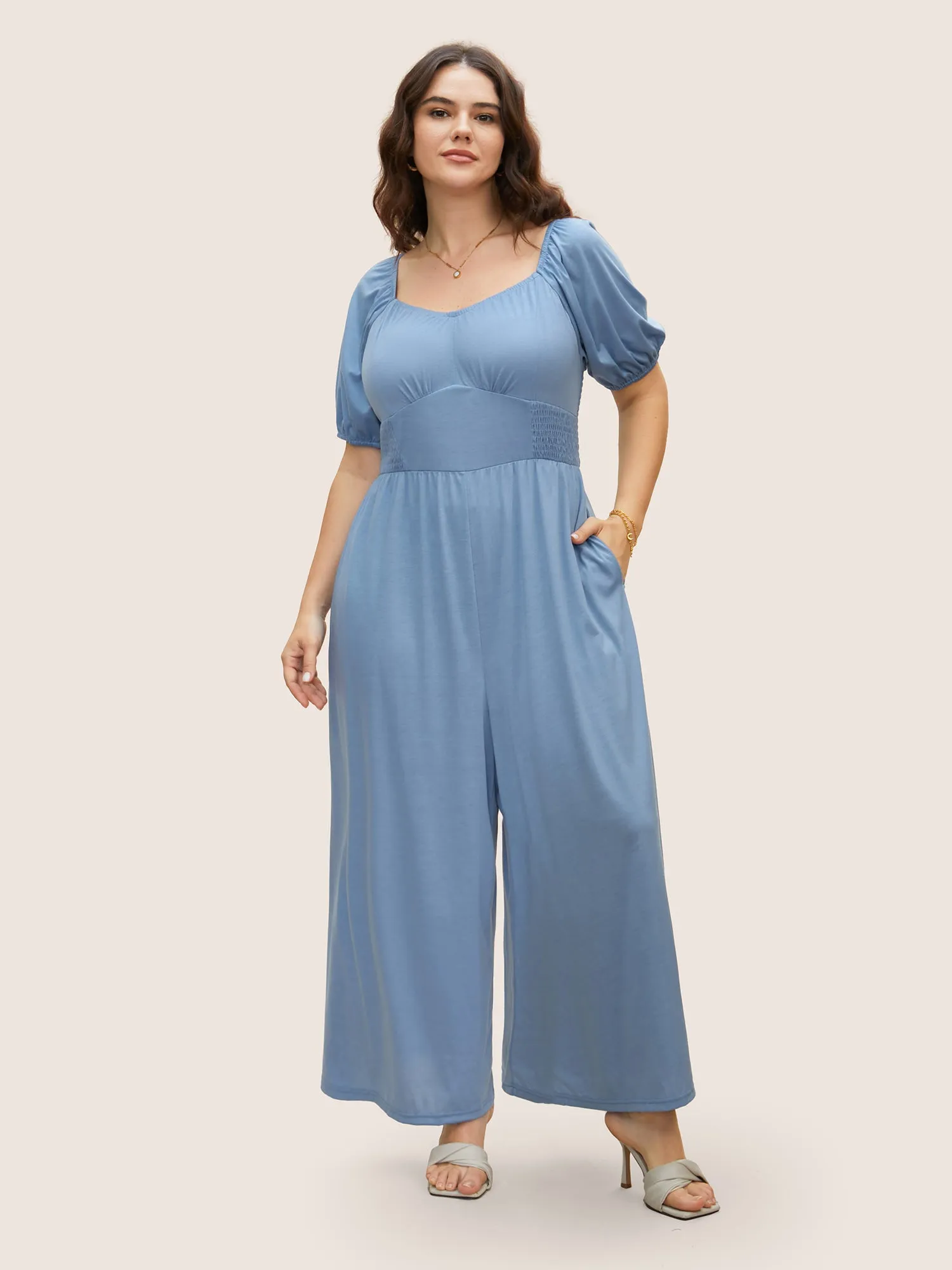 Heart Neckline Shirred Gathered Wide Leg Jumpsuit sold by Bloomchic