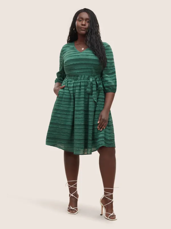 Striped Plisse Ties Pocket Lantern Sleeve Dress sold by Bloomchic