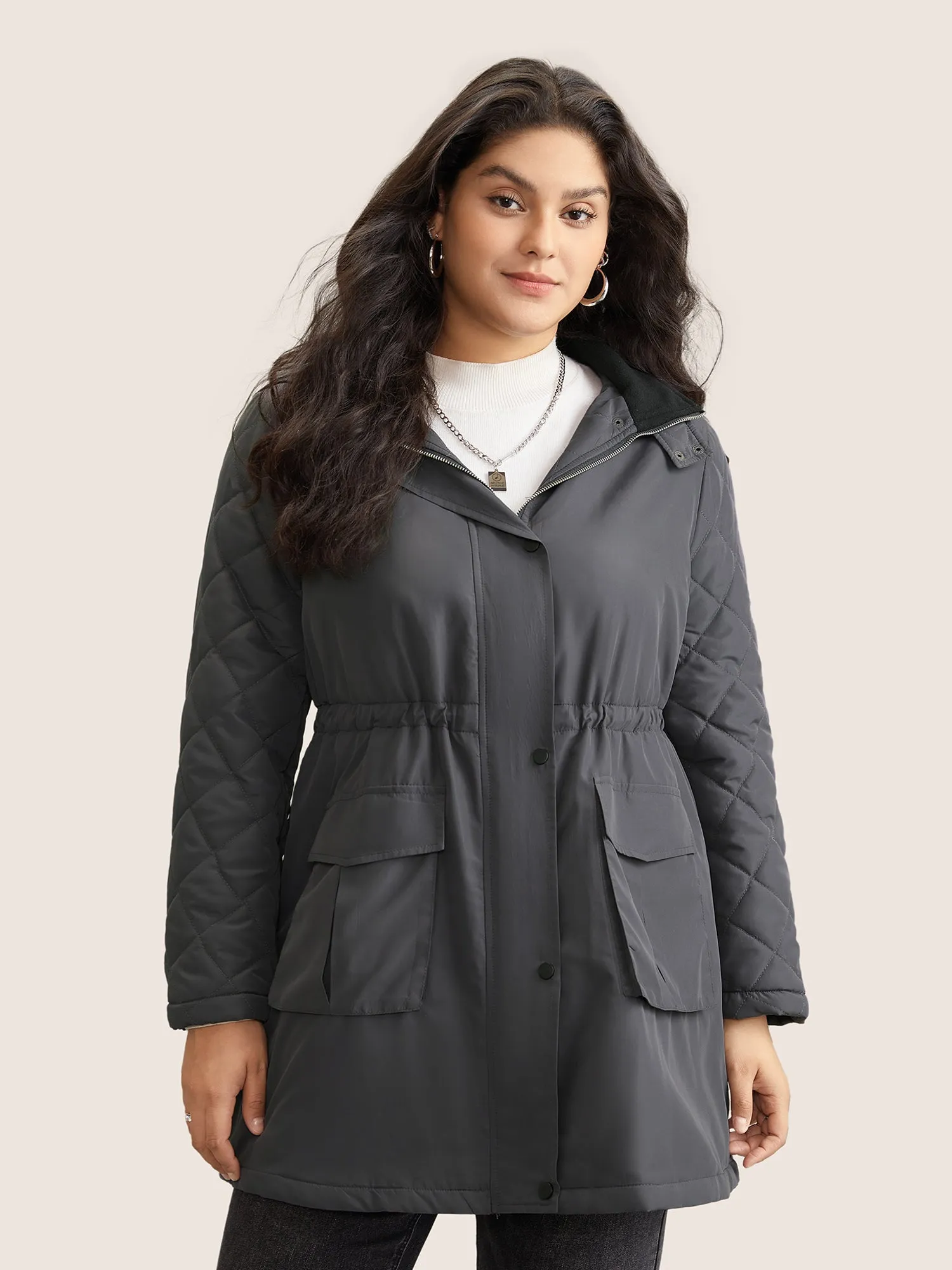 Solid Flap Detail Elastic Waist Quilted Coat sold by Bloomchic product image thumbnail 3