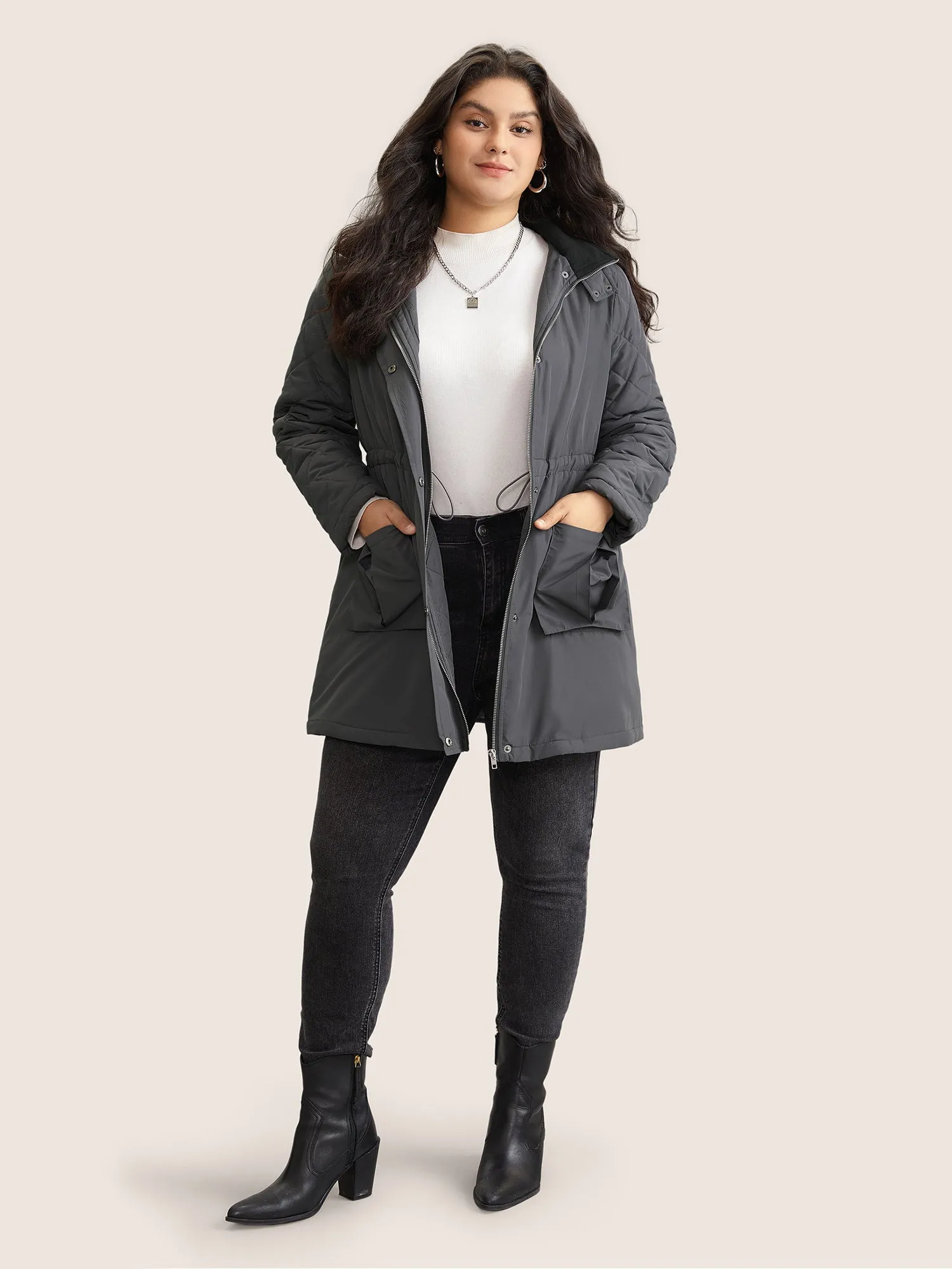 Solid Flap Detail Elastic Waist Quilted Coat sold by Bloomchic product image thumbnail 2