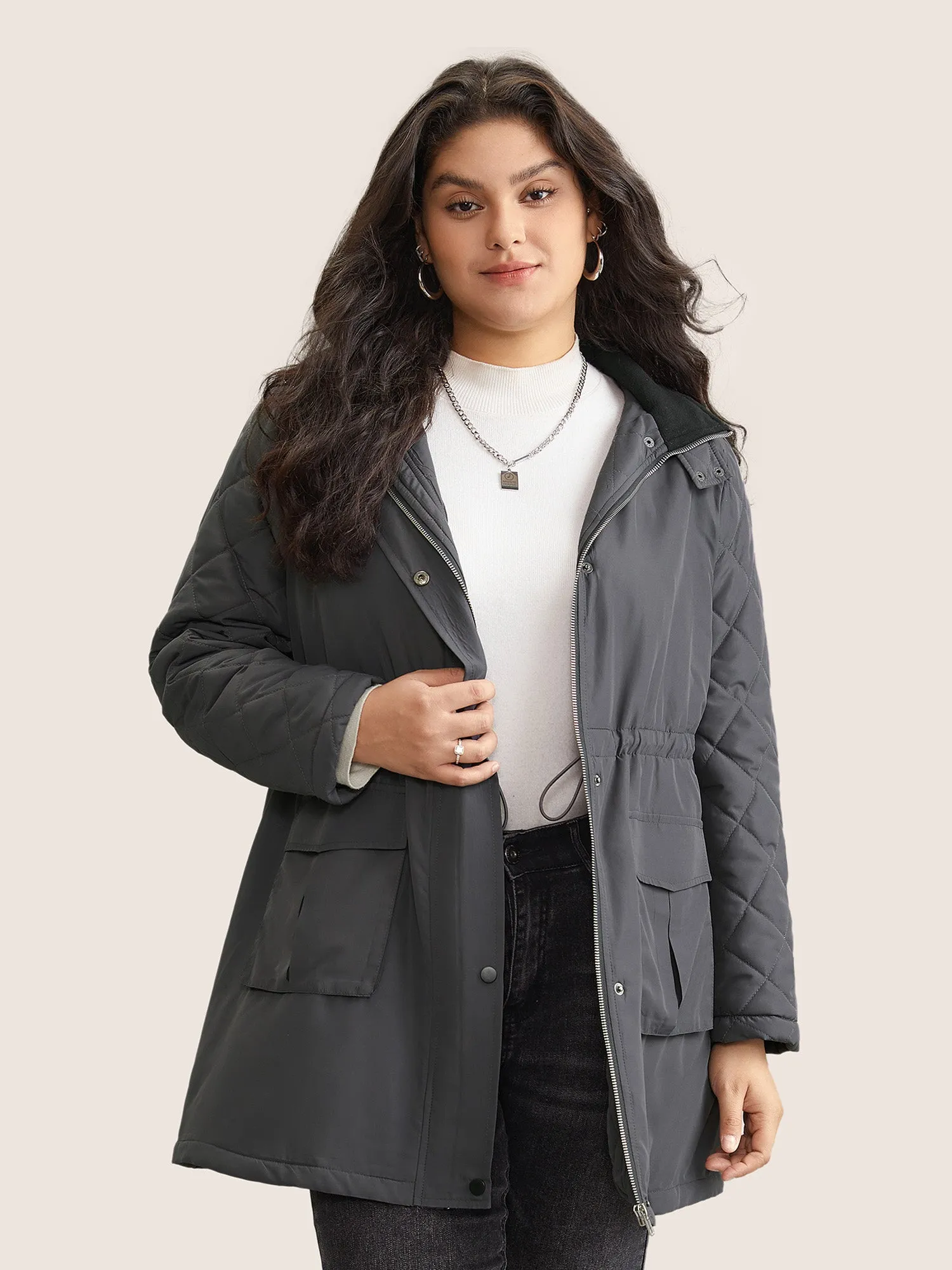 Solid Flap Detail Elastic Waist Quilted Coat sold by Bloomchic