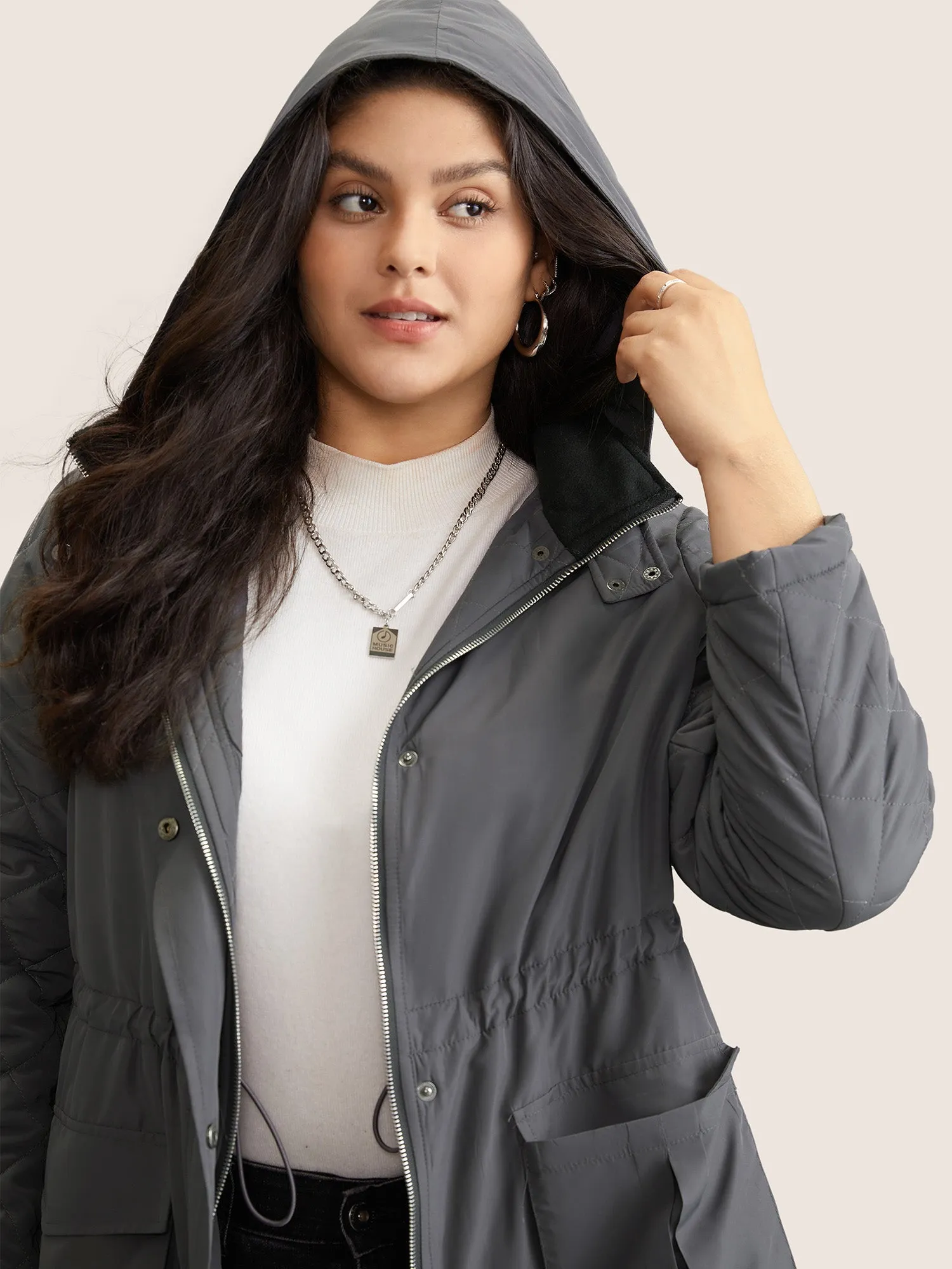 Solid Flap Detail Elastic Waist Quilted Coat sold by Bloomchic product image thumbnail 4