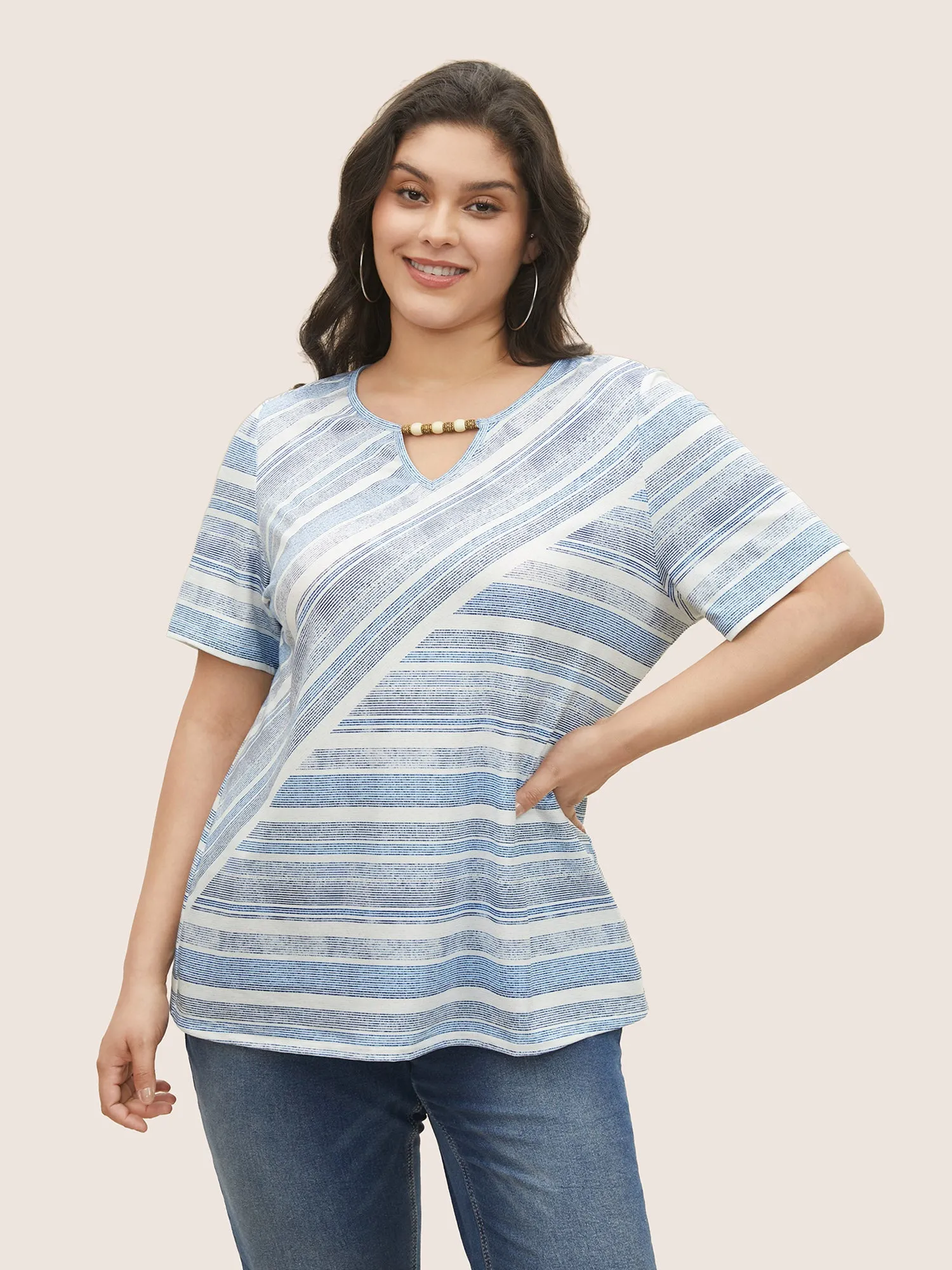 Striped Bead Chain Cut Out T-shirt sold by Bloomchic