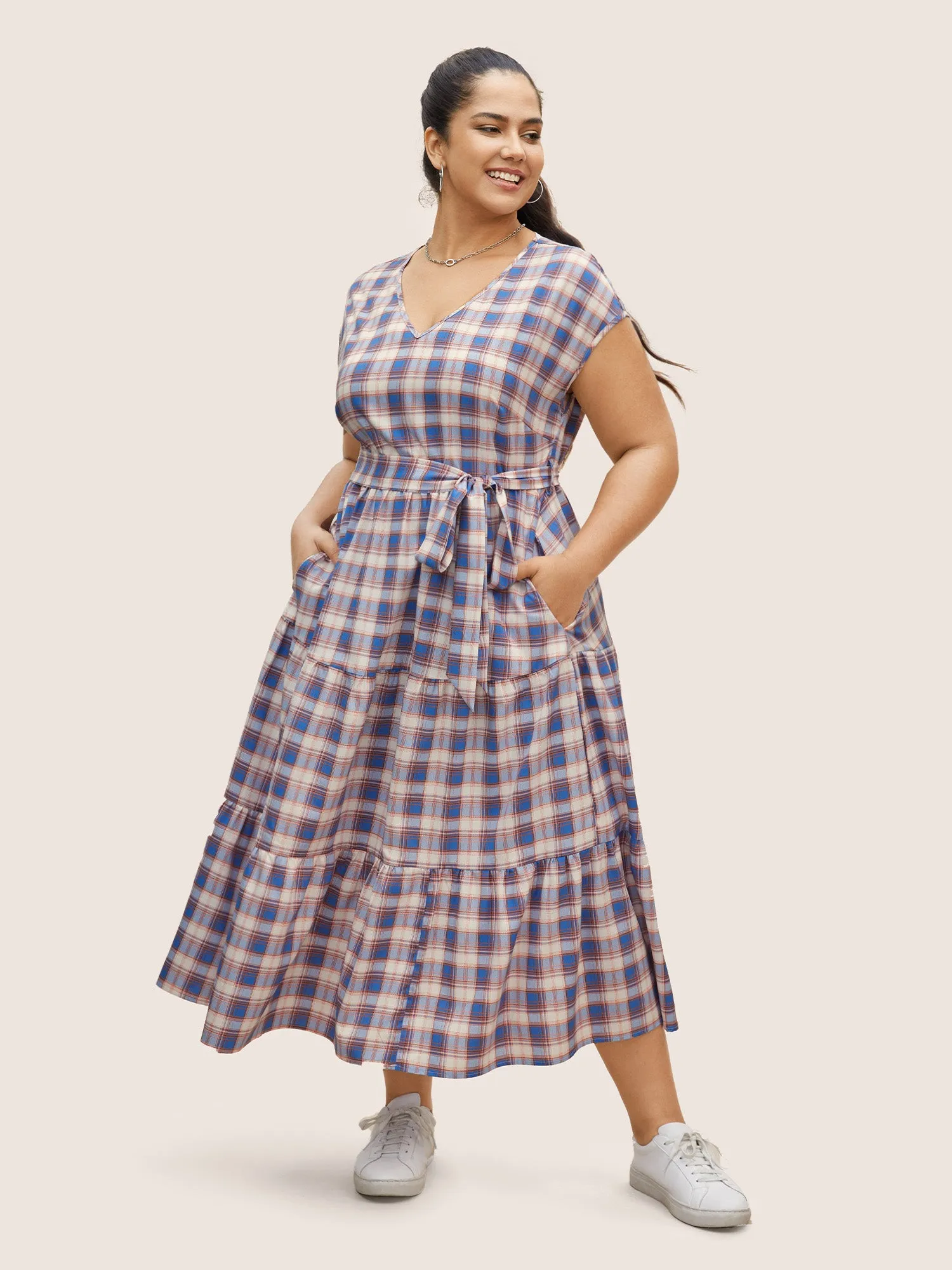 V Neck Gingham Cap Sleeve Belted Dress sold by Bloomchic product image thumbnail 3