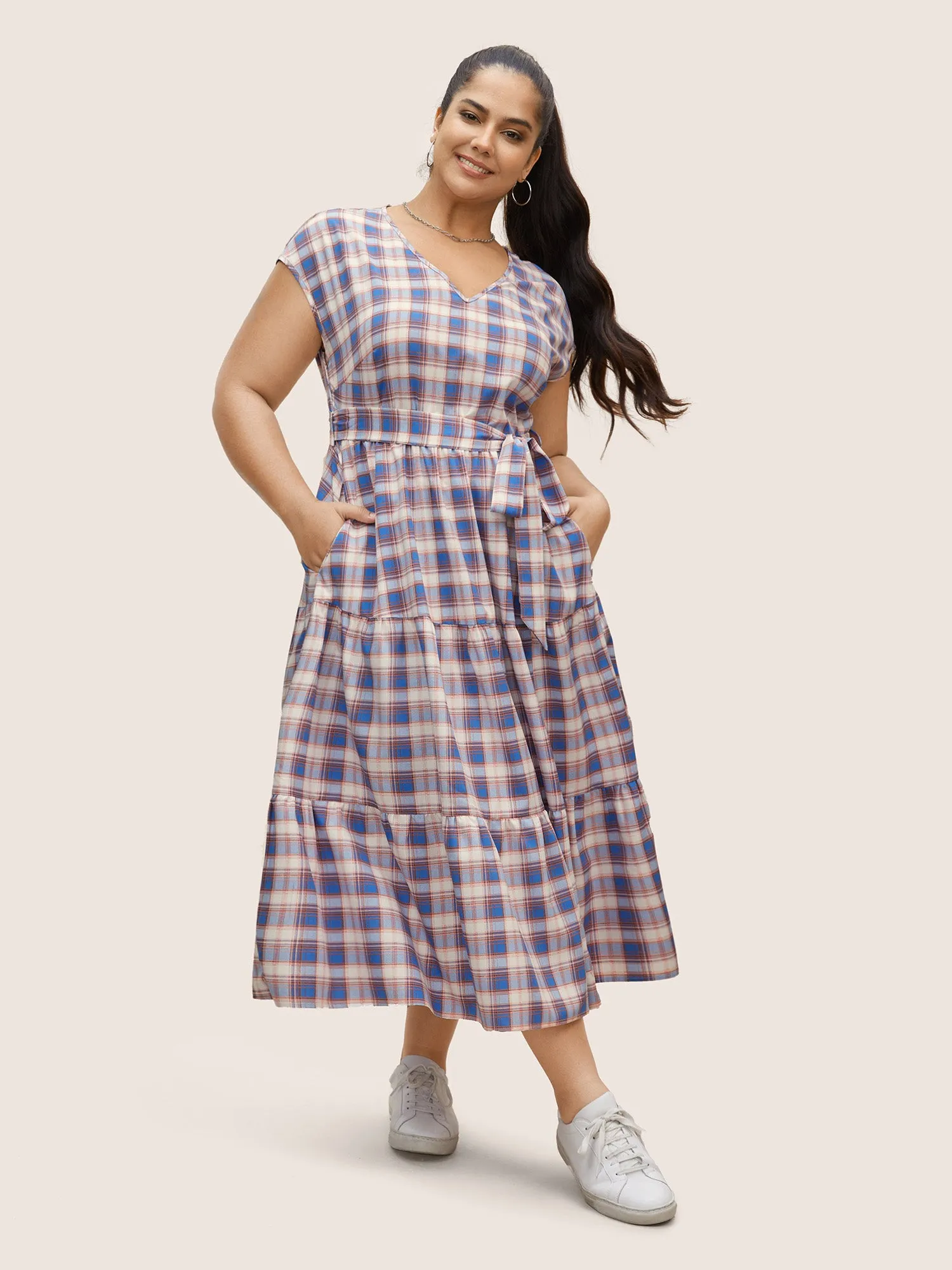 V Neck Gingham Cap Sleeve Belted Dress sold by Bloomchic