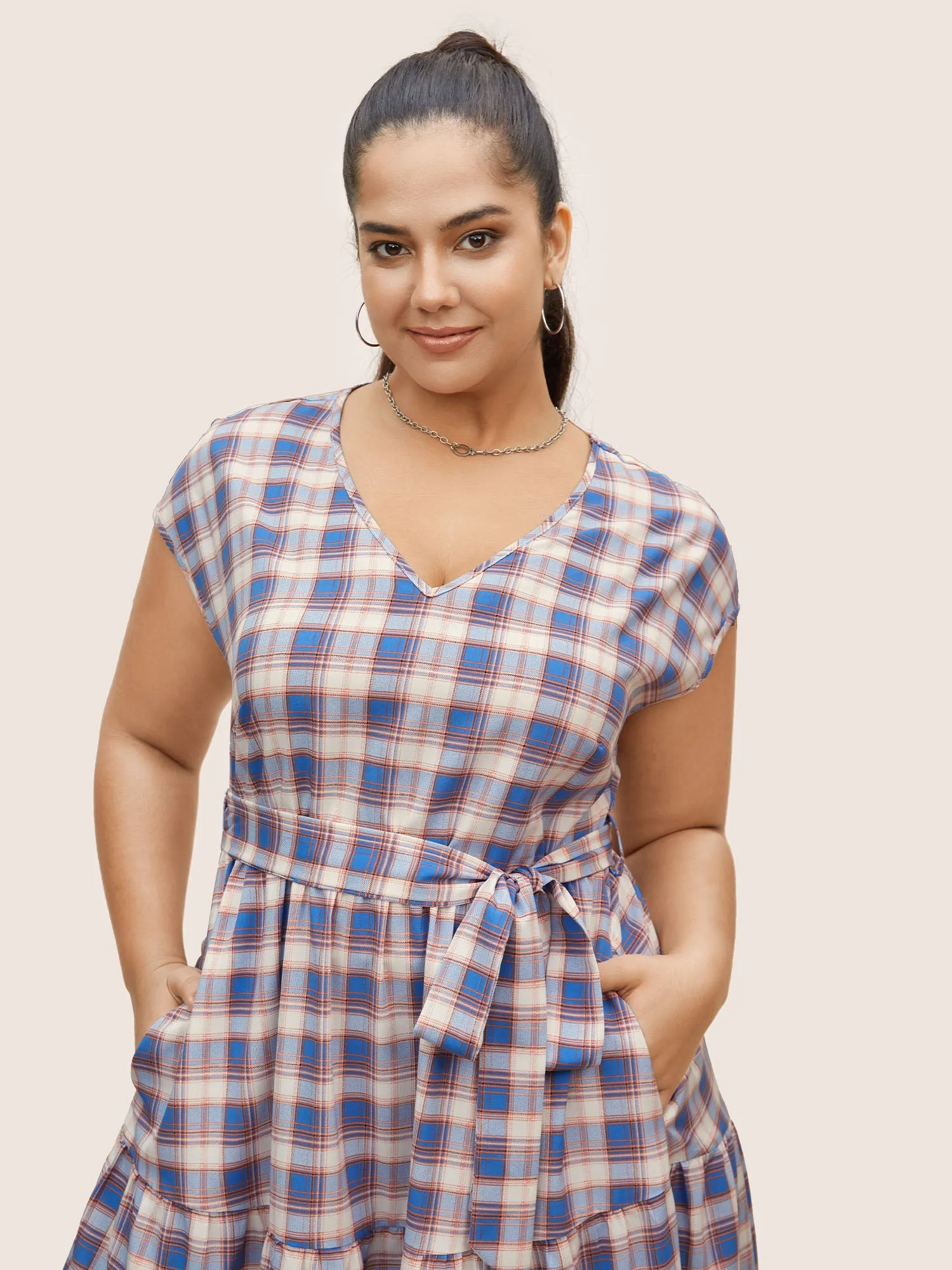 V Neck Gingham Cap Sleeve Belted Dress sold by Bloomchic product image thumbnail 4