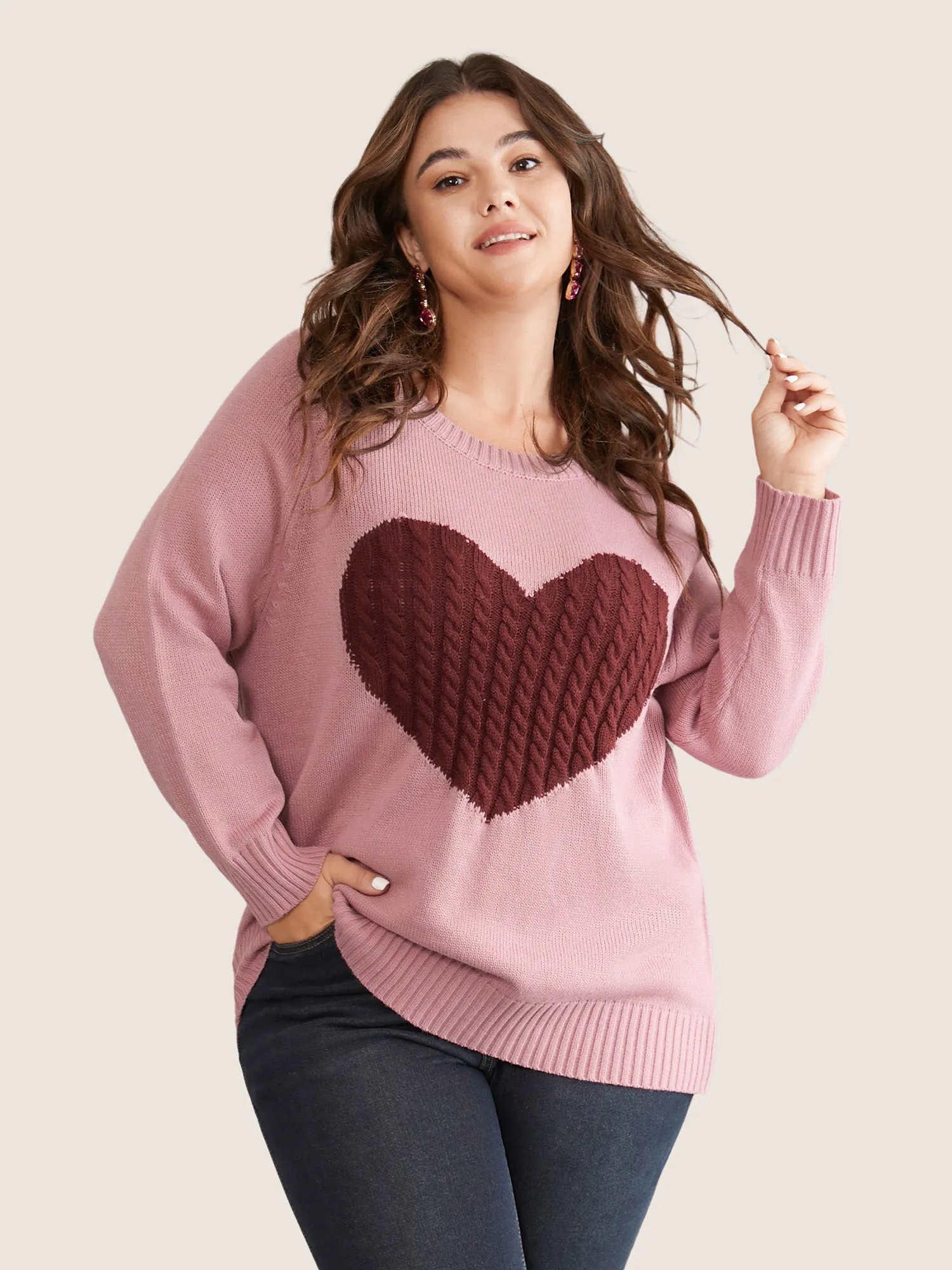 Heart Cable Knit Two Tone Raglan Sleeve Pullover sold by Bloomchic