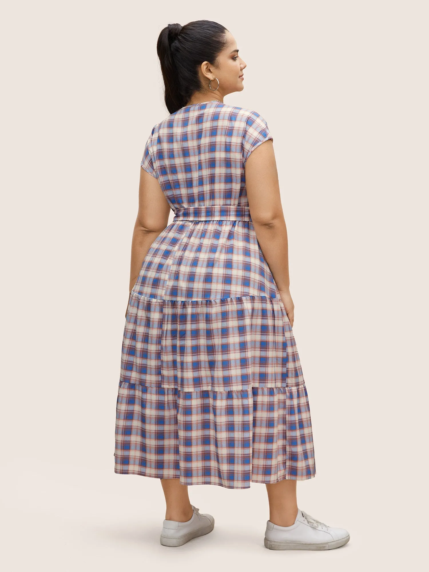 V Neck Gingham Cap Sleeve Belted Dress sold by Bloomchic product image thumbnail 2