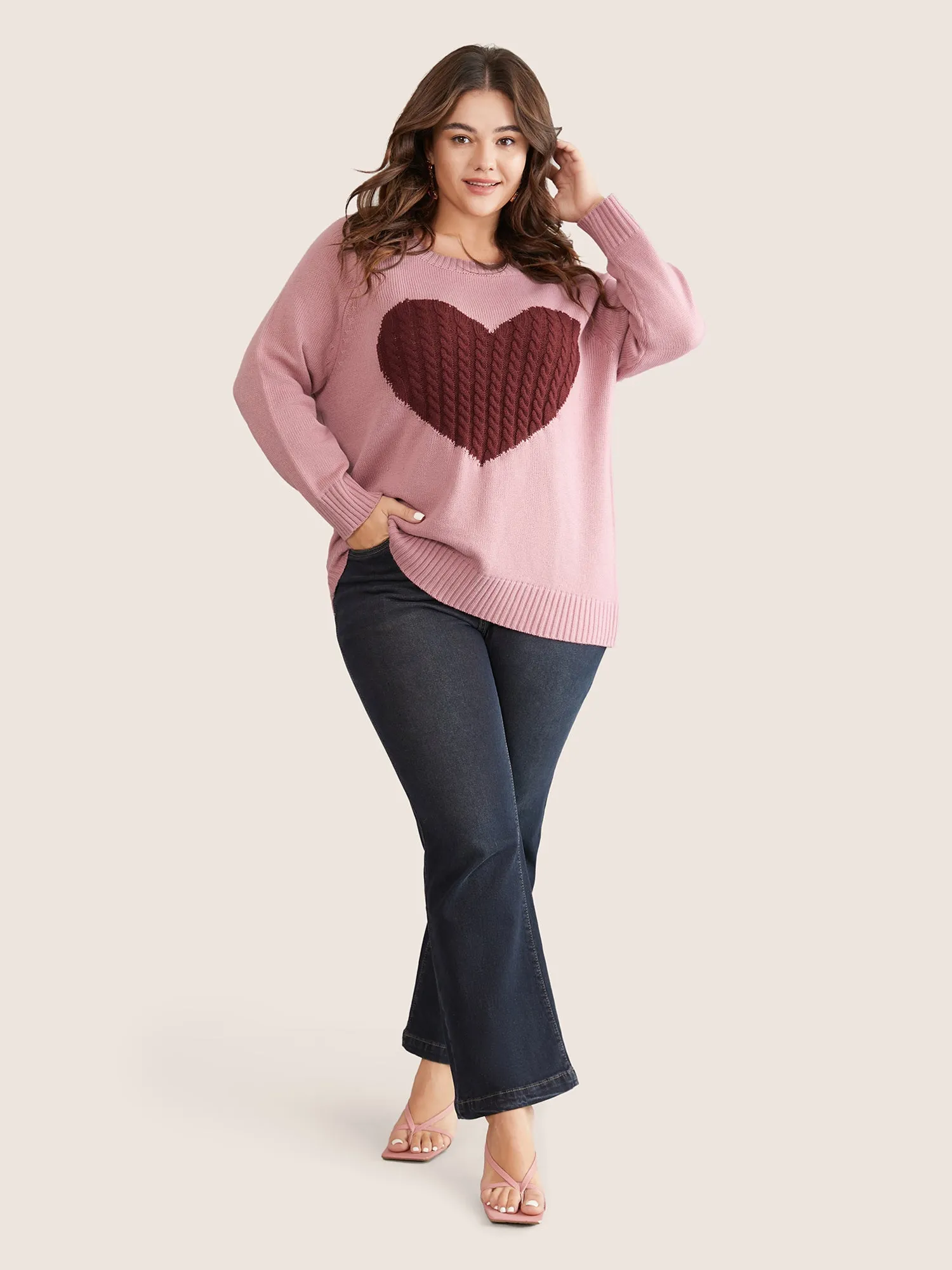 Heart Cable Knit Two Tone Raglan Sleeve Pullover sold by Bloomchic product image thumbnail 3