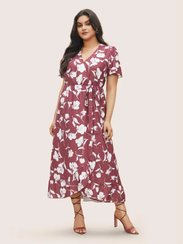 Floral Ruffle Knot Side Wrap Dress sold by Bloomchic