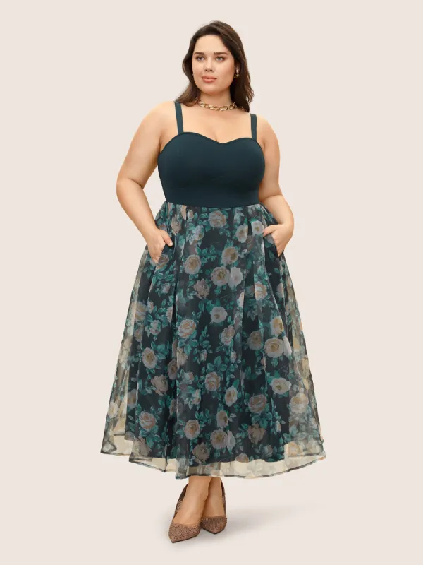 Figurative Print Patchwork Mesh Cami Dress sold by Bloomchic