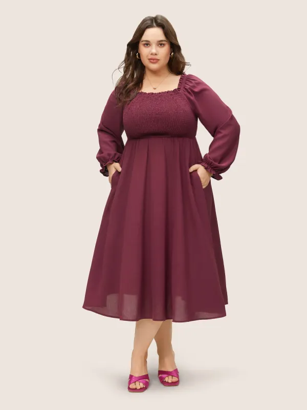 Square Neck Shirred Pleated Frill Trim Dress sold by Bloomchic