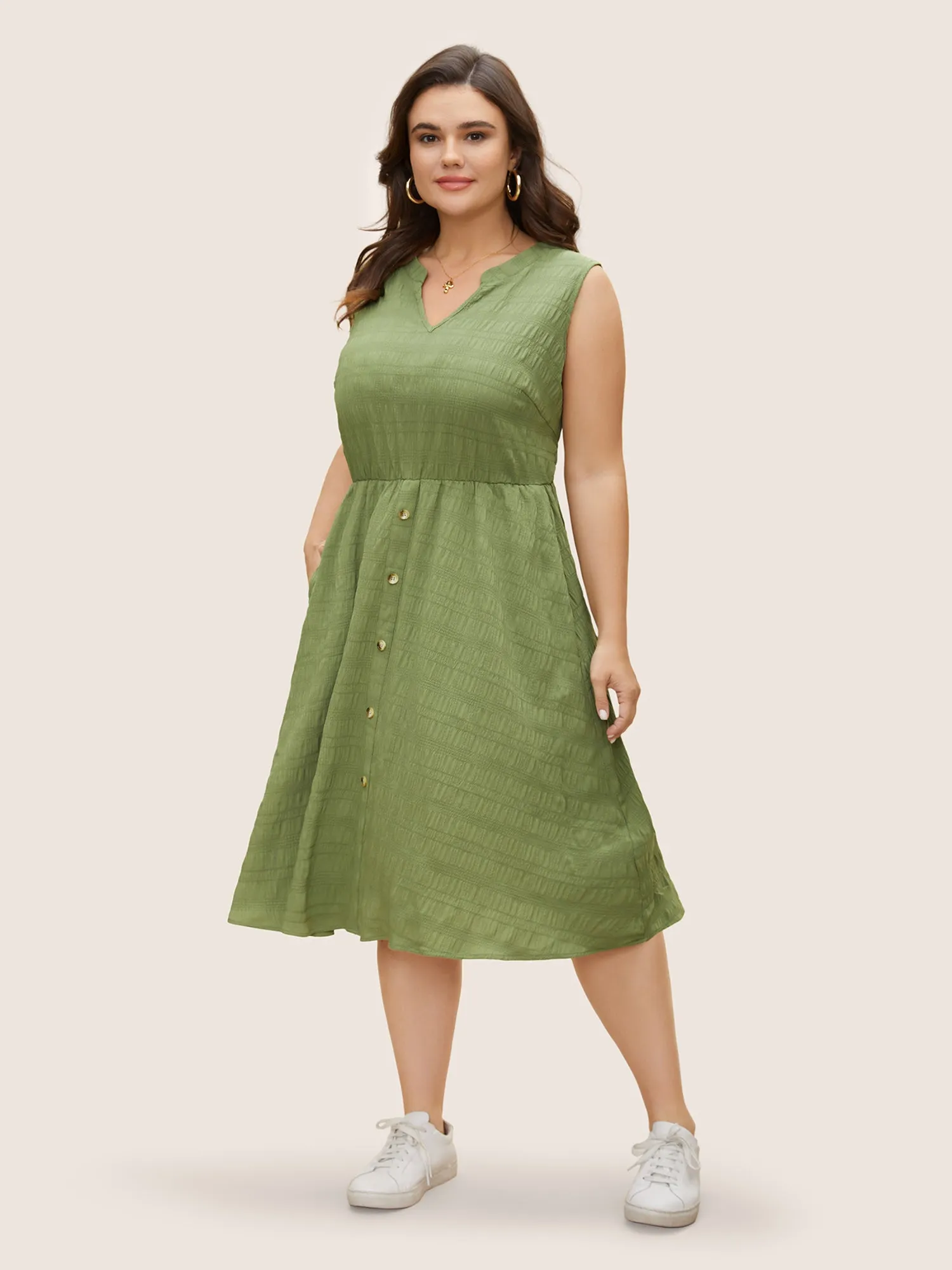 Textured Notched Button Detail Midi Dress sold by Bloomchic product image thumbnail 2