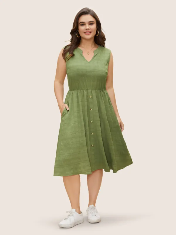 Textured Notched Button Detail Midi Dress sold by Bloomchic