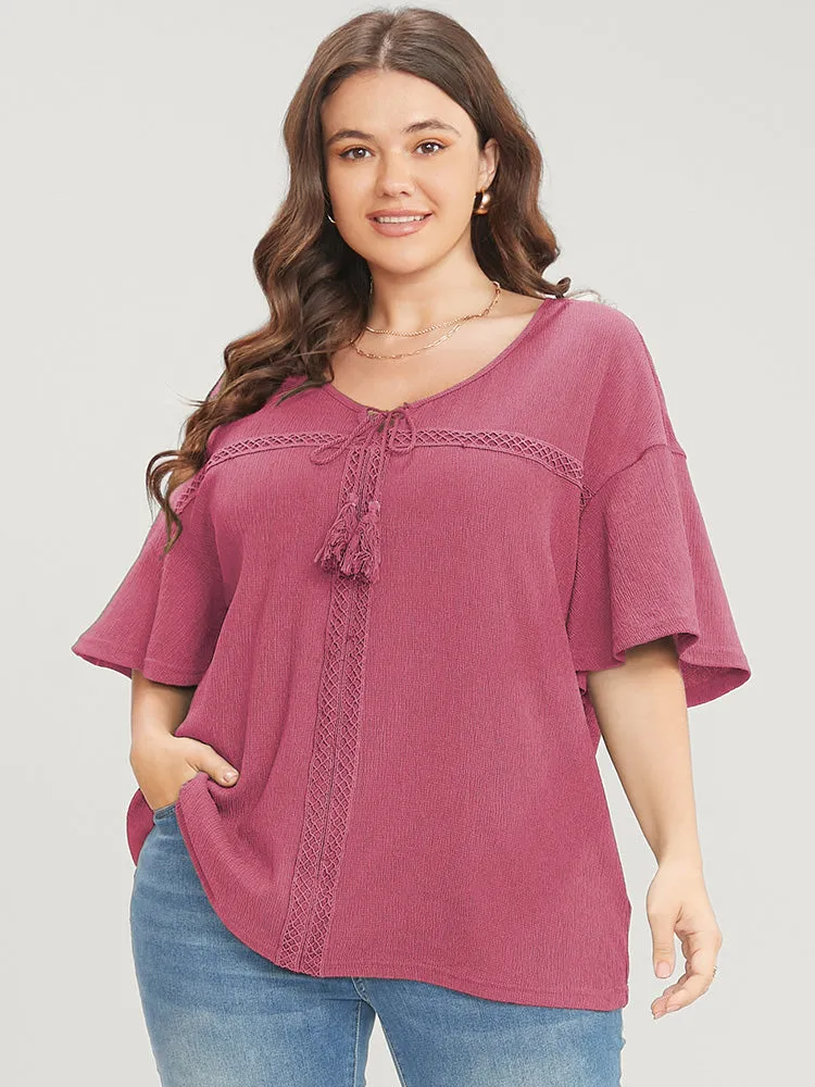 Solid Tassels Flounce Sleeve Lace Tie Neck Blouse sold by Bloomchic