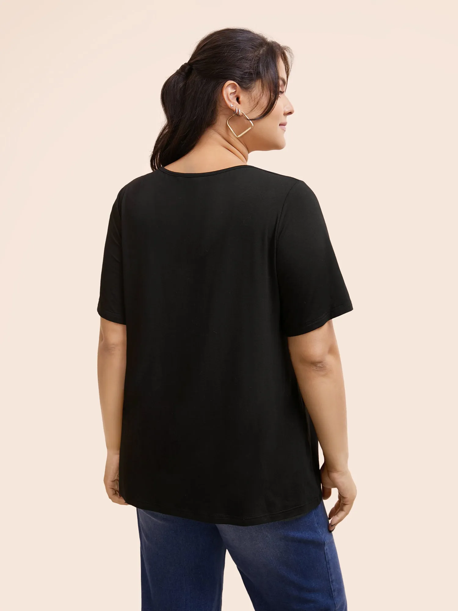 Plain V Neck Button Detail Flutter Sleeve T-shirt sold by Bloomchic product image thumbnail 4