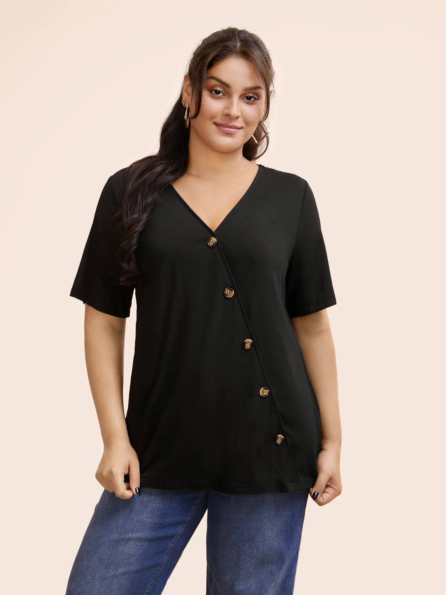 Plain V Neck Button Detail Flutter Sleeve T-shirt sold by Bloomchic
