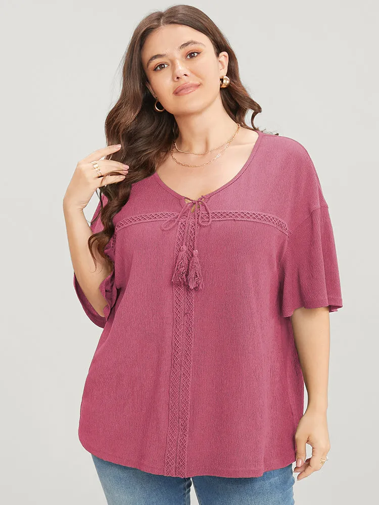 Solid Tassels Flounce Sleeve Lace Tie Neck Blouse sold by Bloomchic product image thumbnail 4