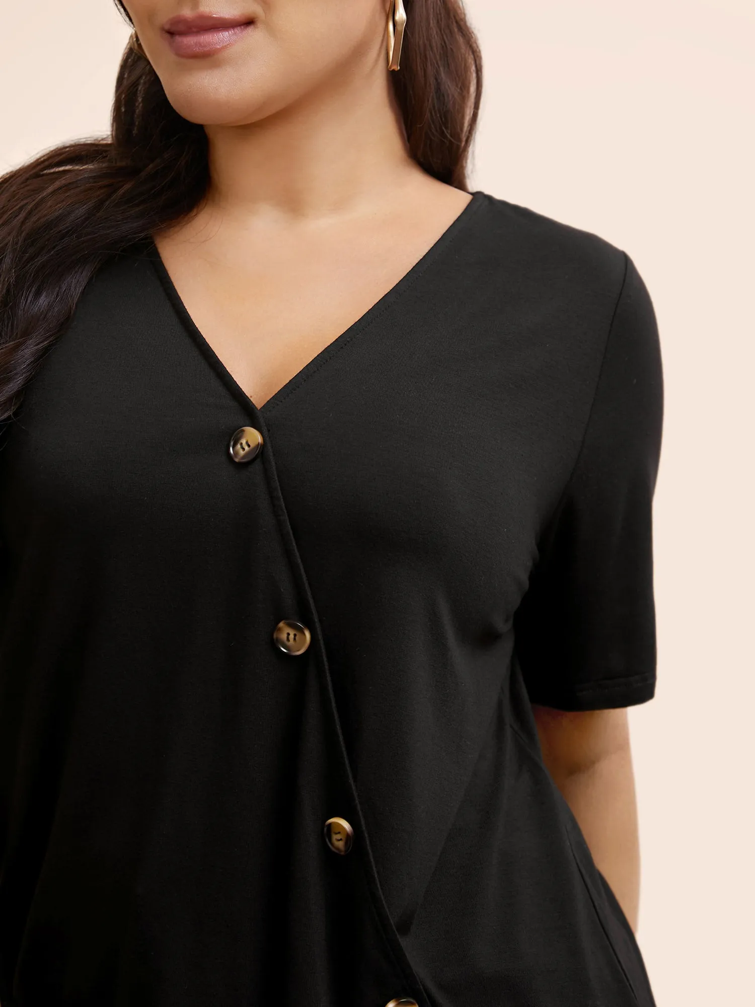 Plain V Neck Button Detail Flutter Sleeve T-shirt sold by Bloomchic product image thumbnail 3