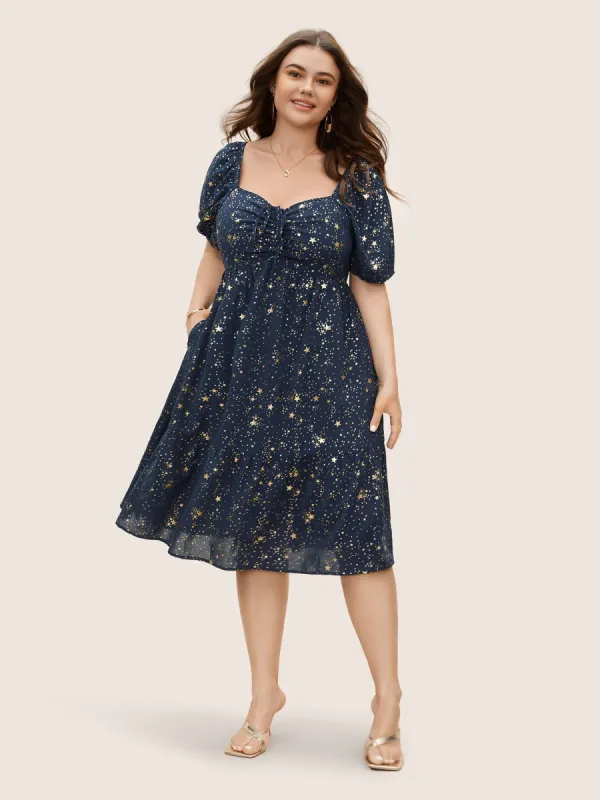 Star Glitter Drawstring Lantern Sleeve Dress sold by Bloomchic