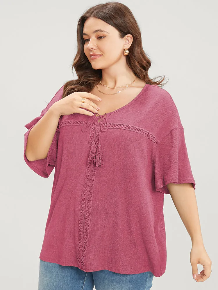 Solid Tassels Flounce Sleeve Lace Tie Neck Blouse sold by Bloomchic product image thumbnail 2