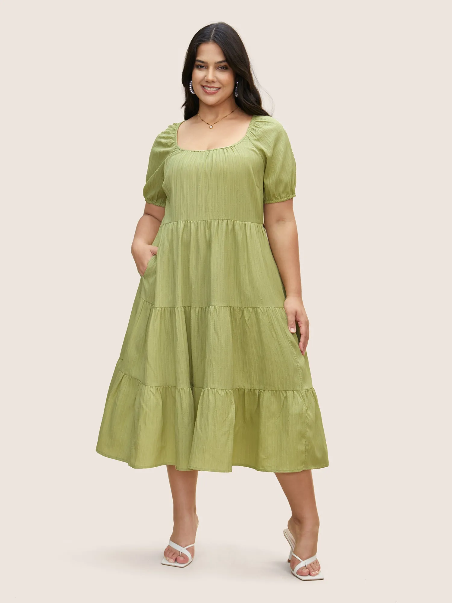 Texture Gathered Ruffle Layered Hem Midi Dress sold by Bloomchic product image thumbnail 2