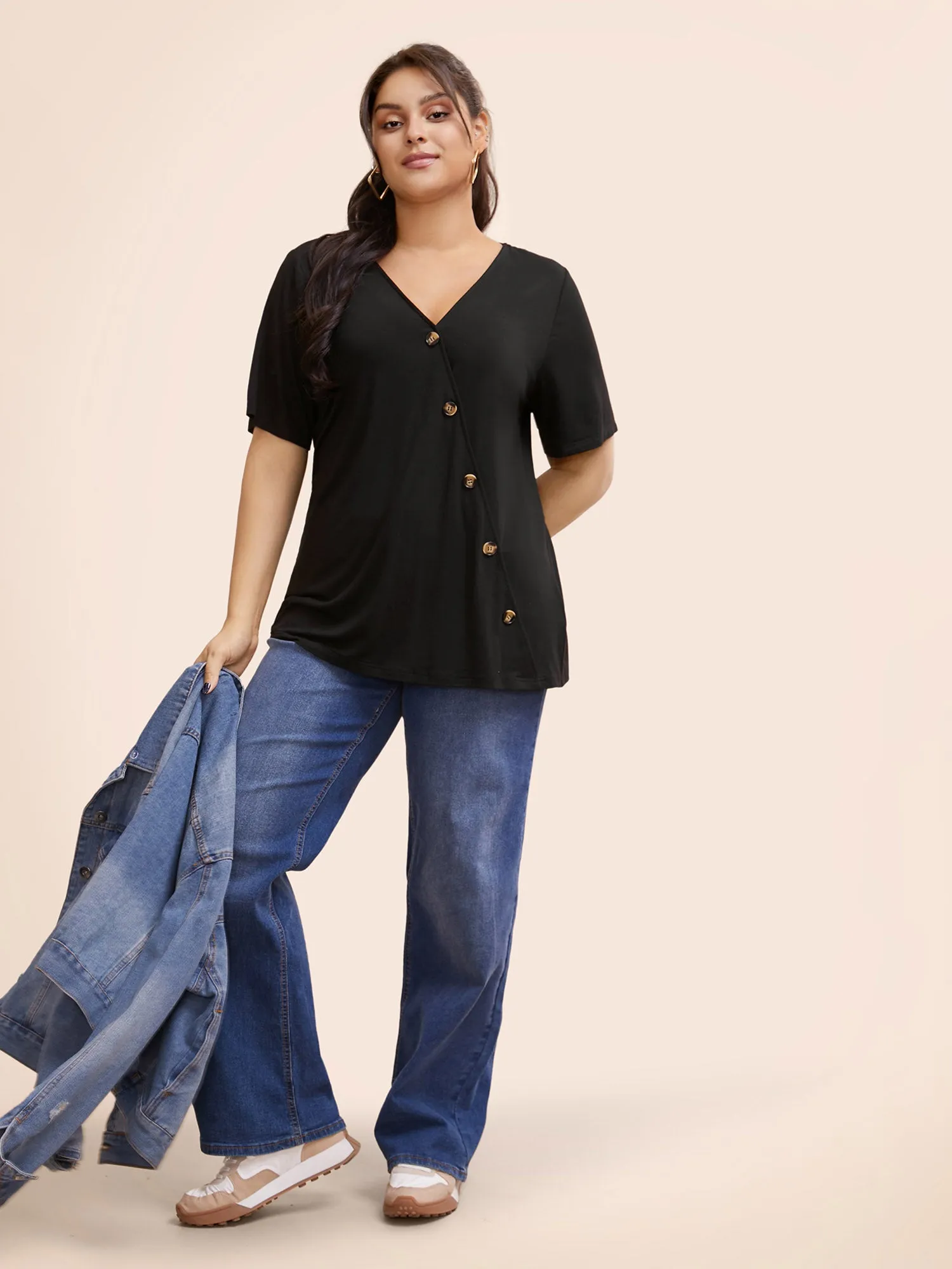 Plain V Neck Button Detail Flutter Sleeve T-shirt sold by Bloomchic product image thumbnail 2