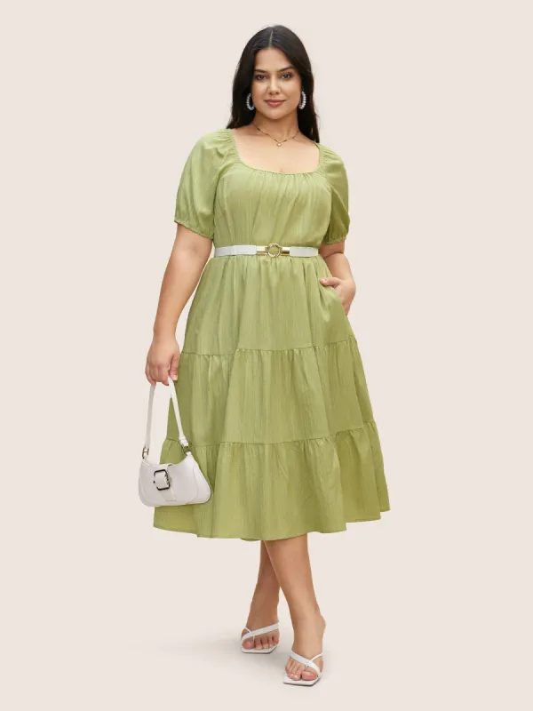 Texture Gathered Ruffle Layered Hem Midi Dress sold by Bloomchic