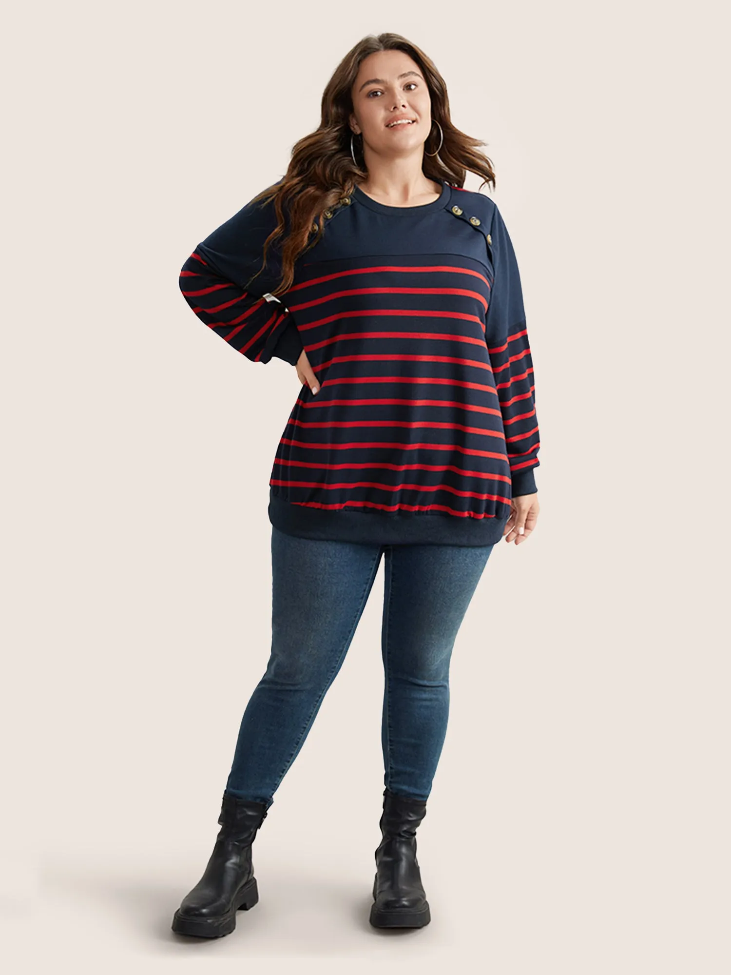 Striped Patchwork Button Detail Sweatshirt sold by Bloomchic product image thumbnail 2