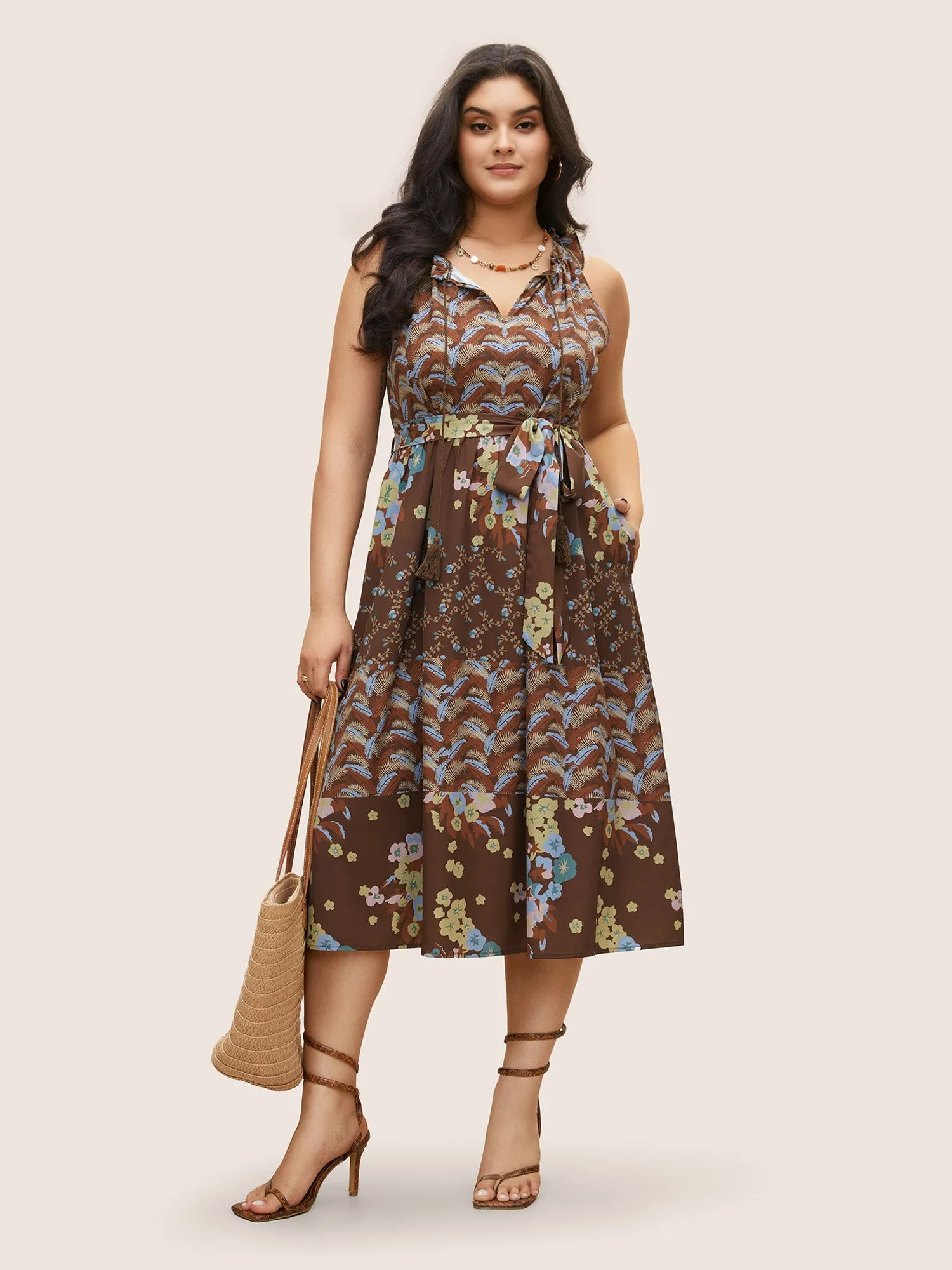 Bandana Tie Neck Belted Tassel Trim Dress sold by Bloomchic