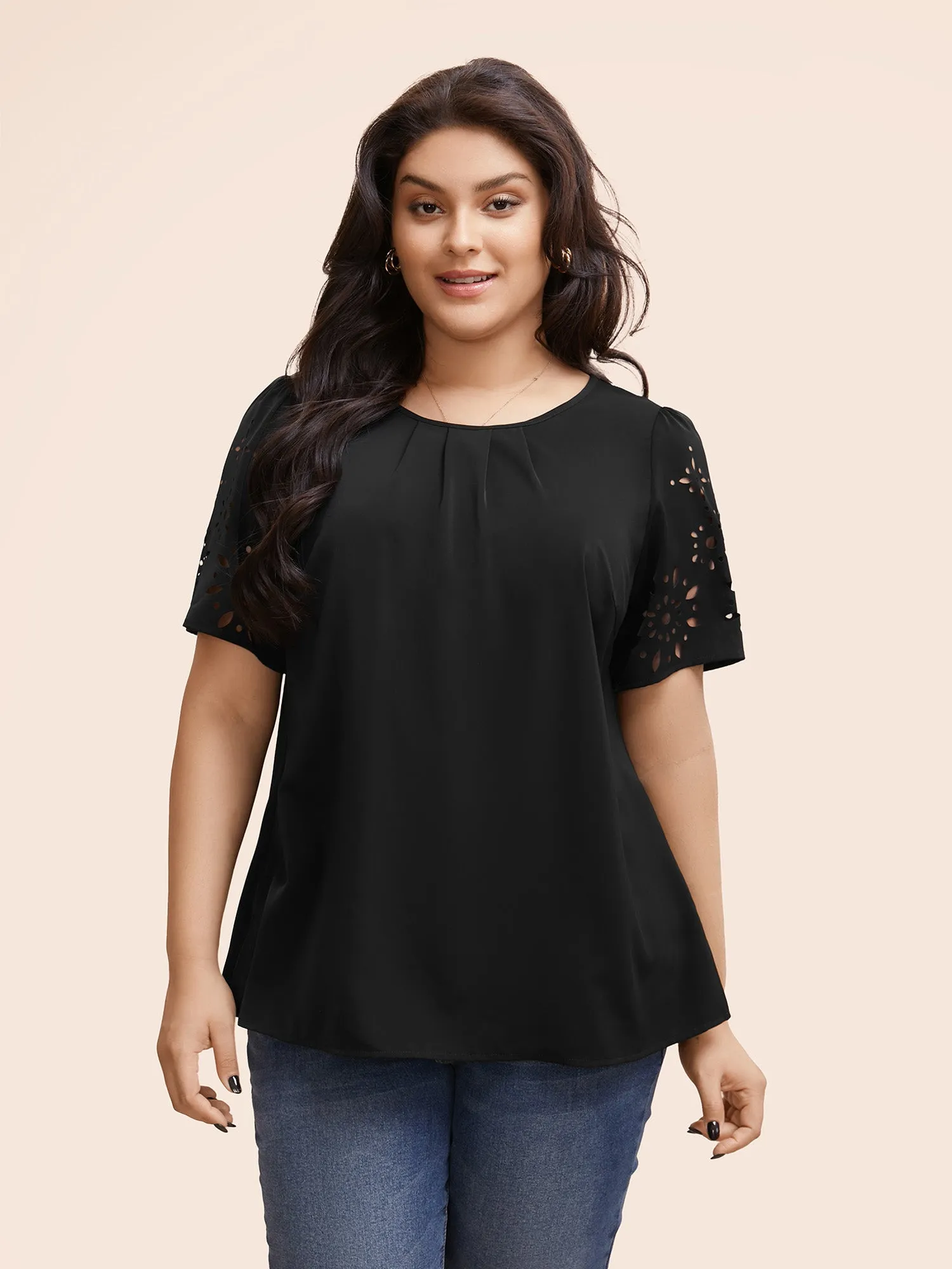 Laser Cut Pleated Puff Sleeve Blouse sold by Bloomchic