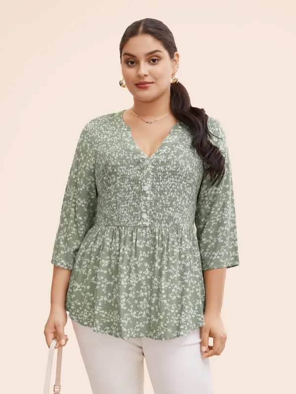 Ditsy Floral Pleated Button Detail Blouse sold by Bloomchic
