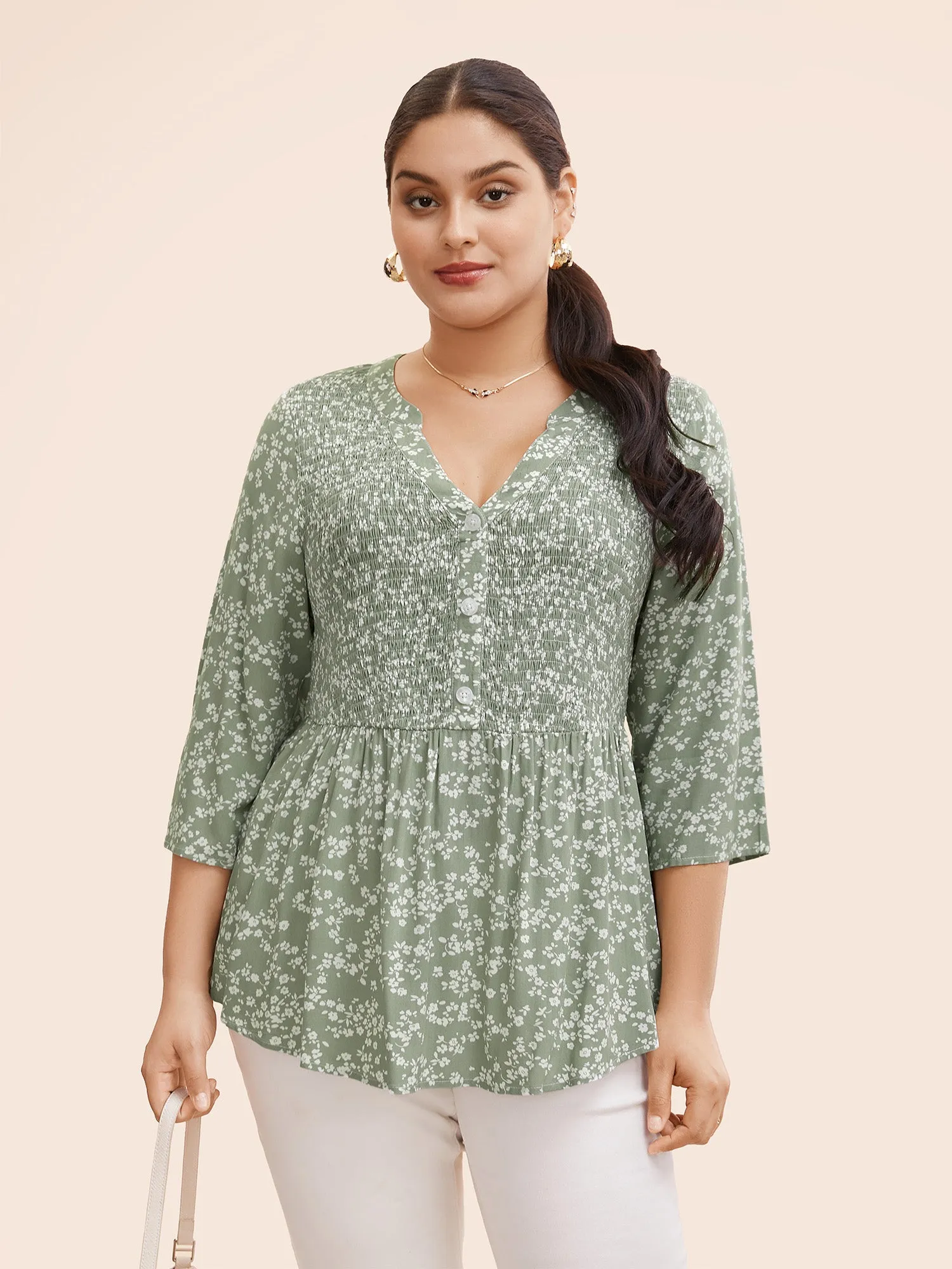 Ditsy Floral Pleated Button Detail Blouse sold by Bloomchic