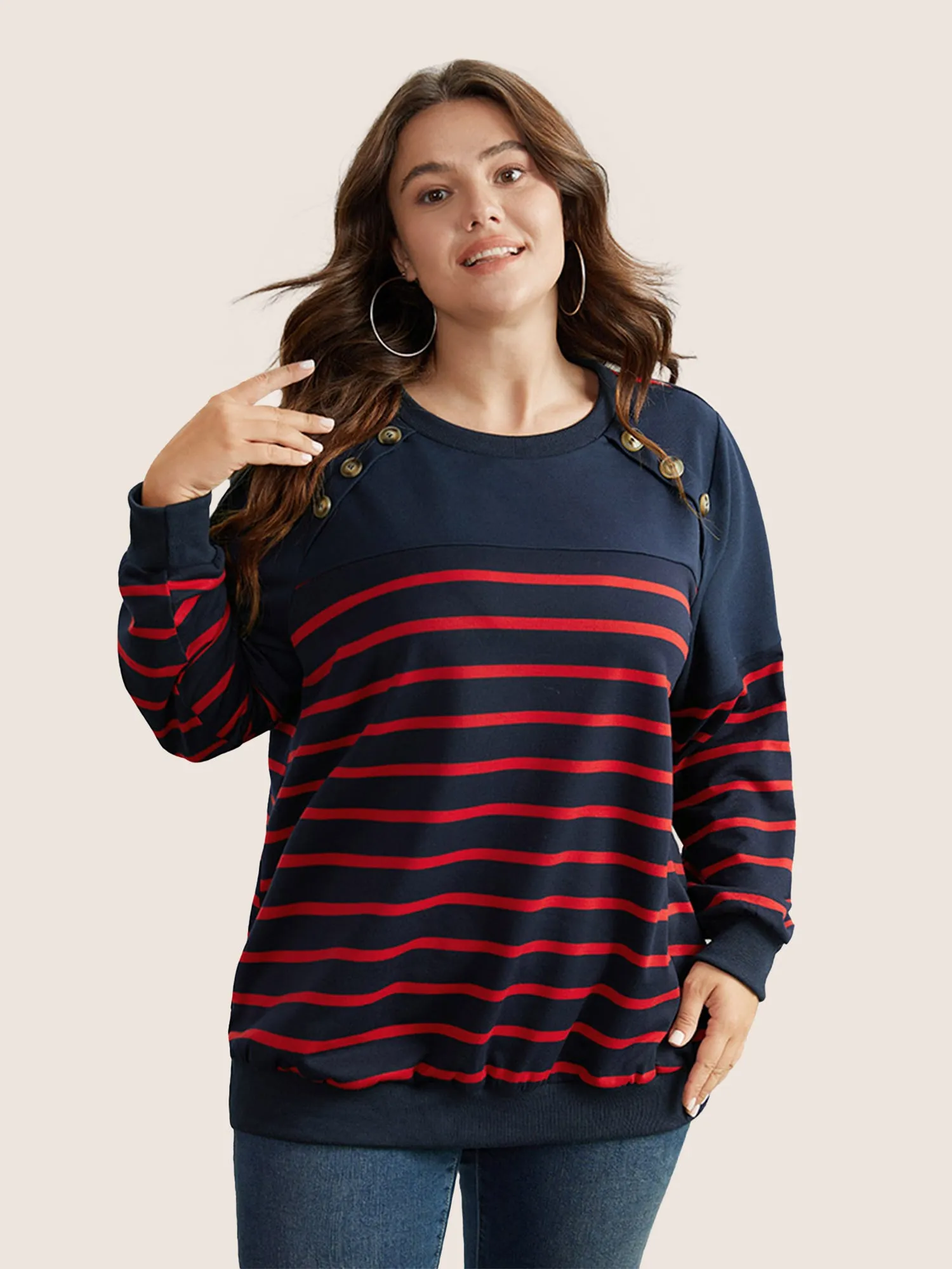 Striped Patchwork Button Detail Sweatshirt sold by Bloomchic product image thumbnail 3