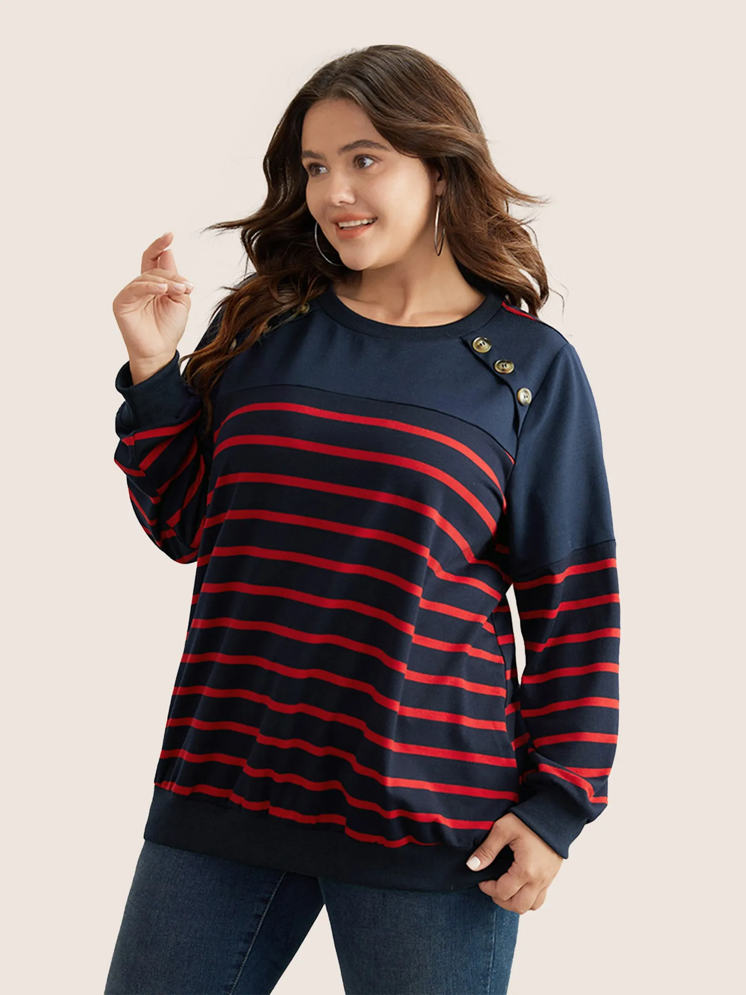 Striped Patchwork Button Detail Sweatshirt sold by Bloomchic product image thumbnail 4