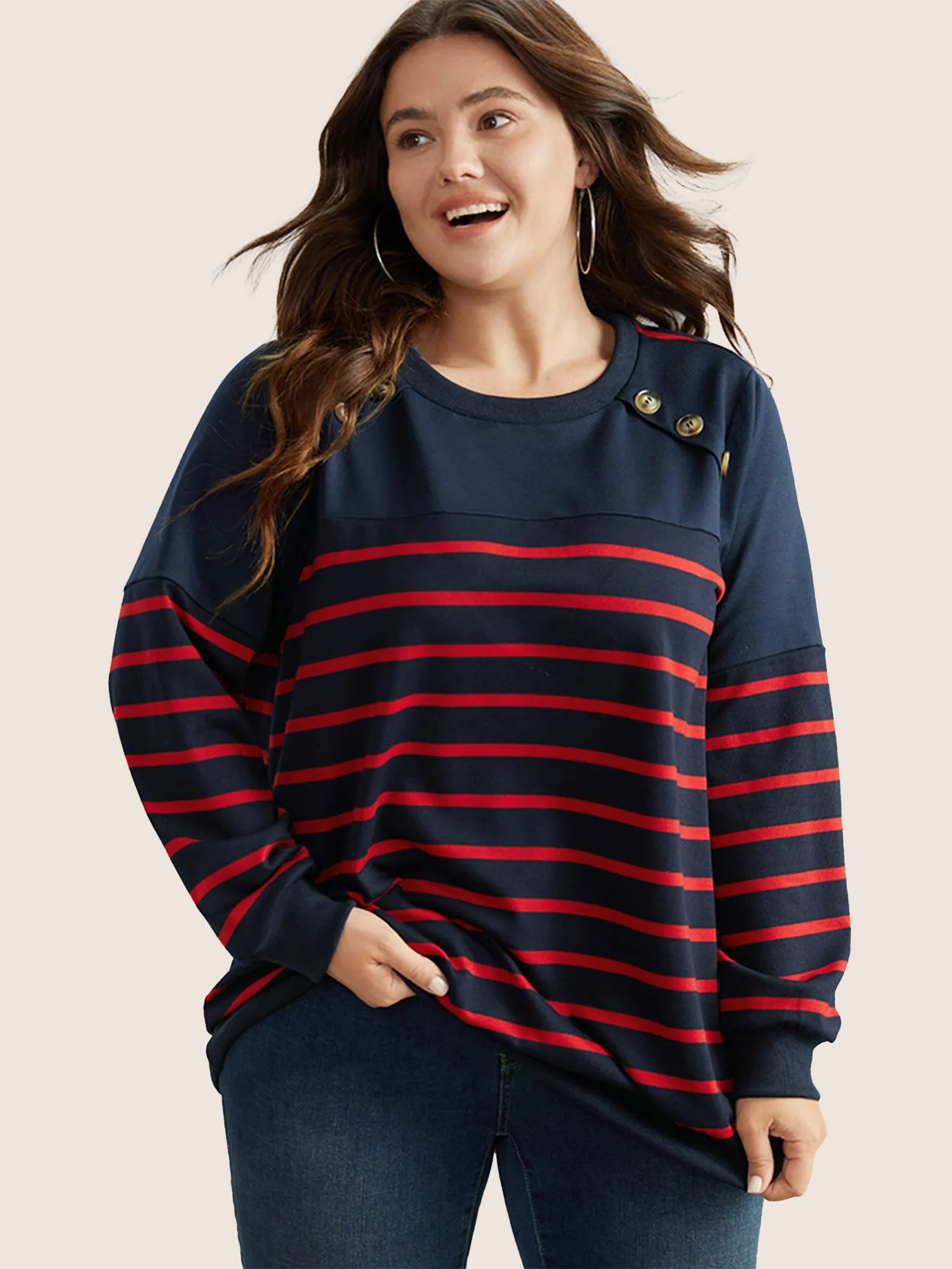 Striped Patchwork Button Detail Sweatshirt sold by Bloomchic