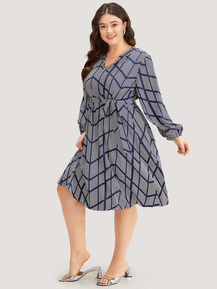 Polka Dot Geometric Belted Lantern Sleeve Dress sold by Bloomchic product image thumbnail 3
