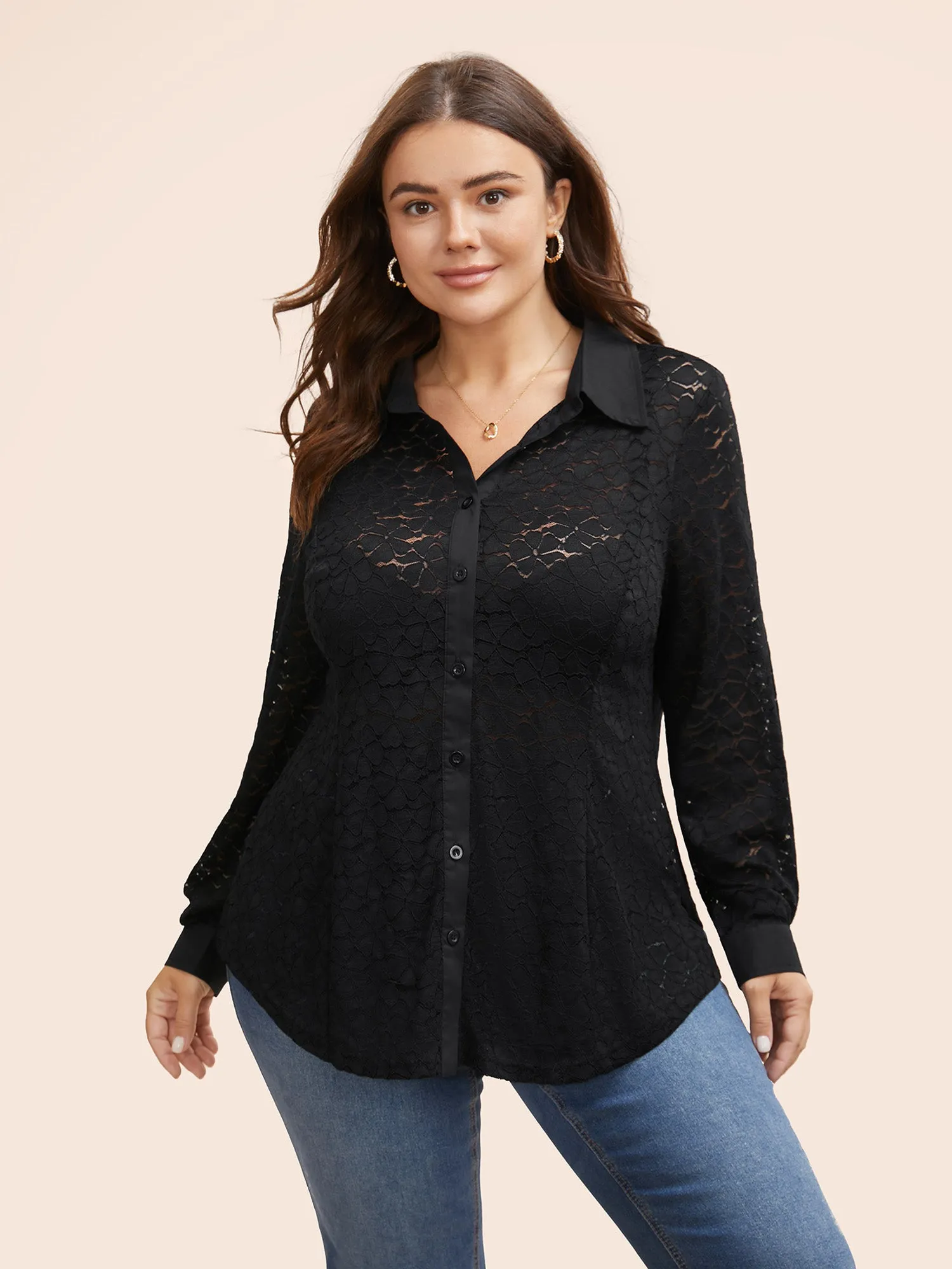 Shirt Collar Crochet Lace Mesh Blouse sold by Bloomchic product image thumbnail 3