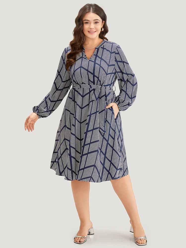 Polka Dot Geometric Belted Lantern Sleeve Dress sold by Bloomchic