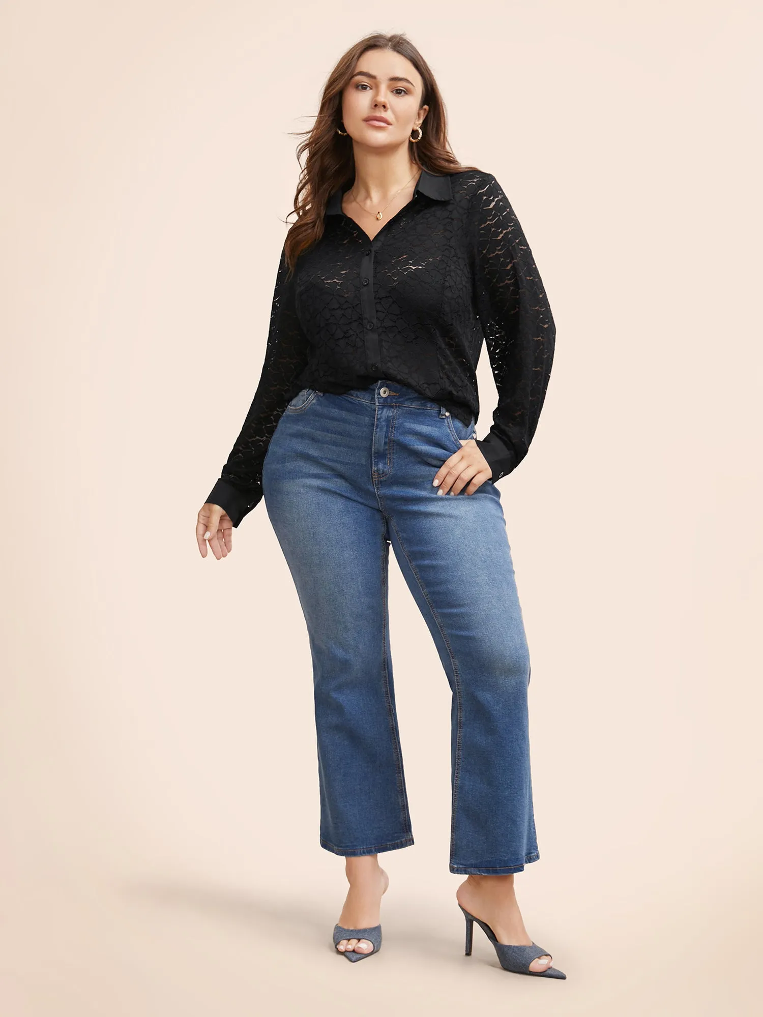 Shirt Collar Crochet Lace Mesh Blouse sold by Bloomchic product image thumbnail 2