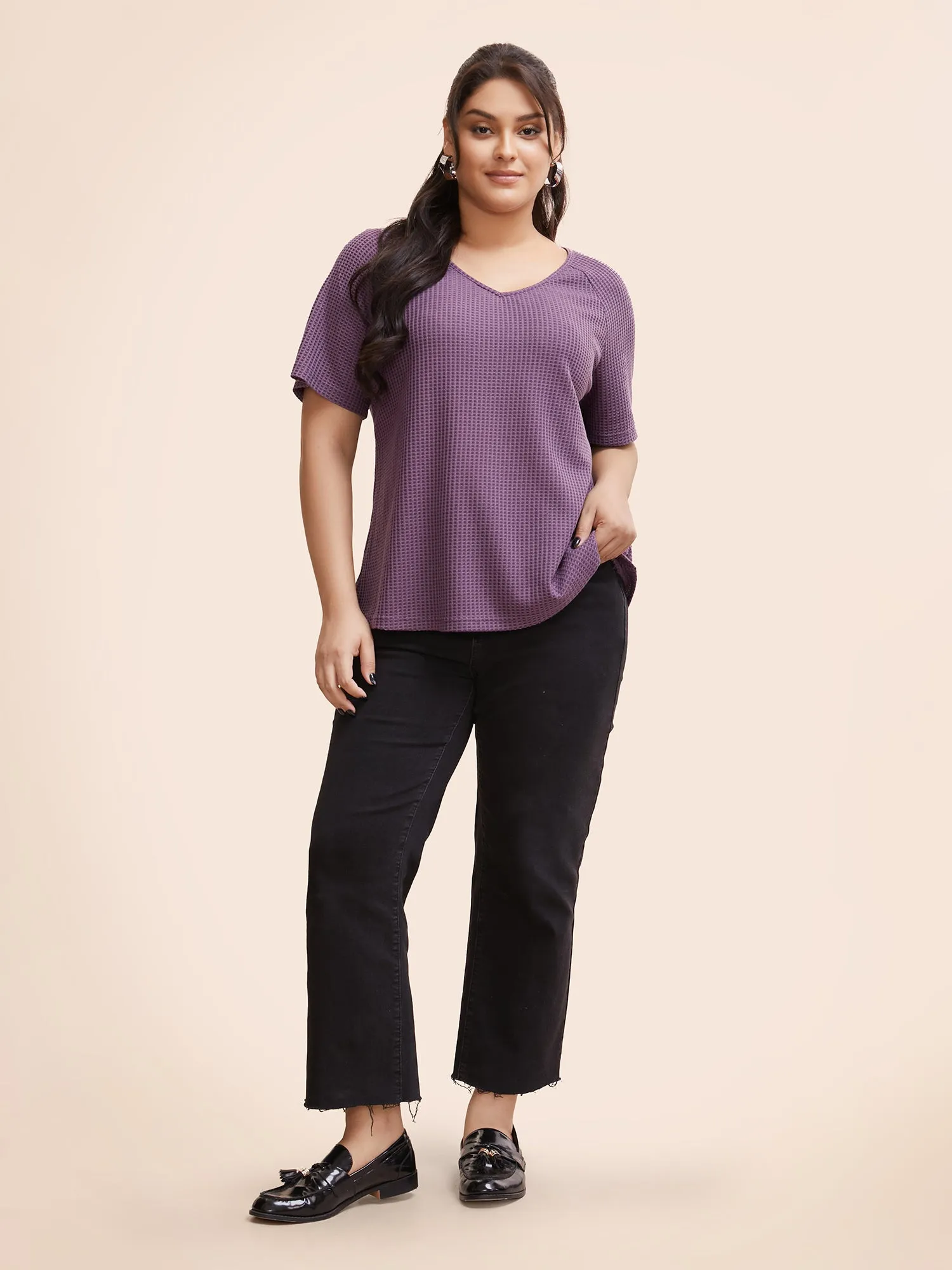 Waffle Knit Lace Patchwork Raglan Sleeve T-shirt sold by Bloomchic product image thumbnail 3