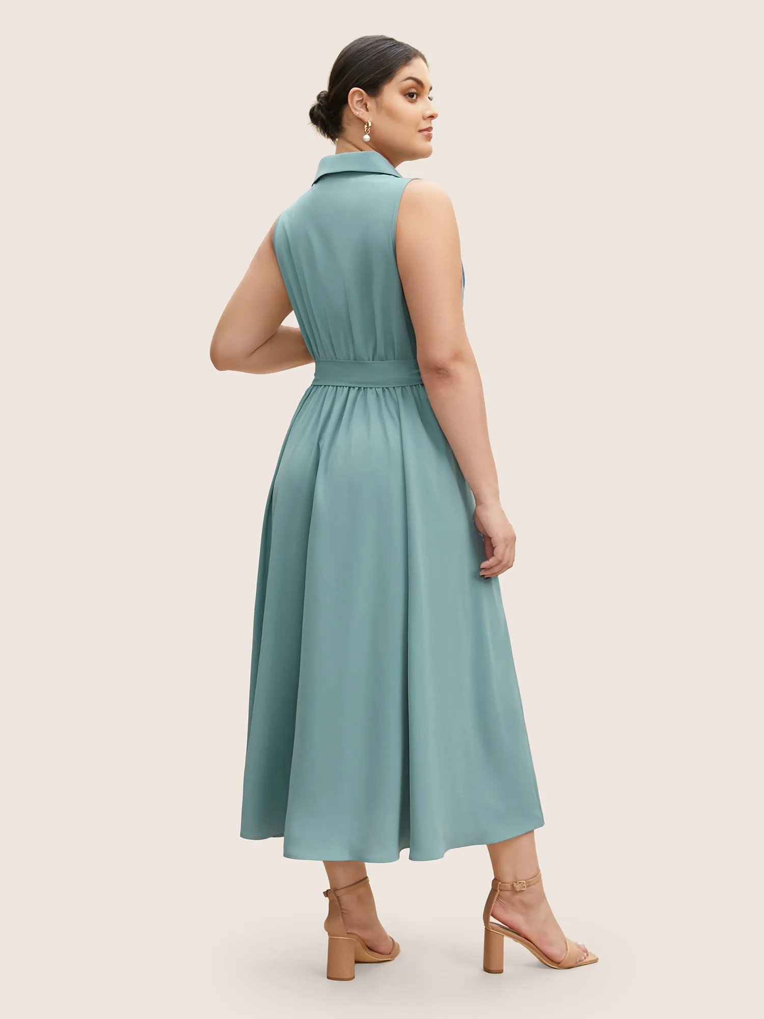 Plain Button Detail Belted Pleated Sleeveless Dress sold by Bloomchic product image thumbnail 3