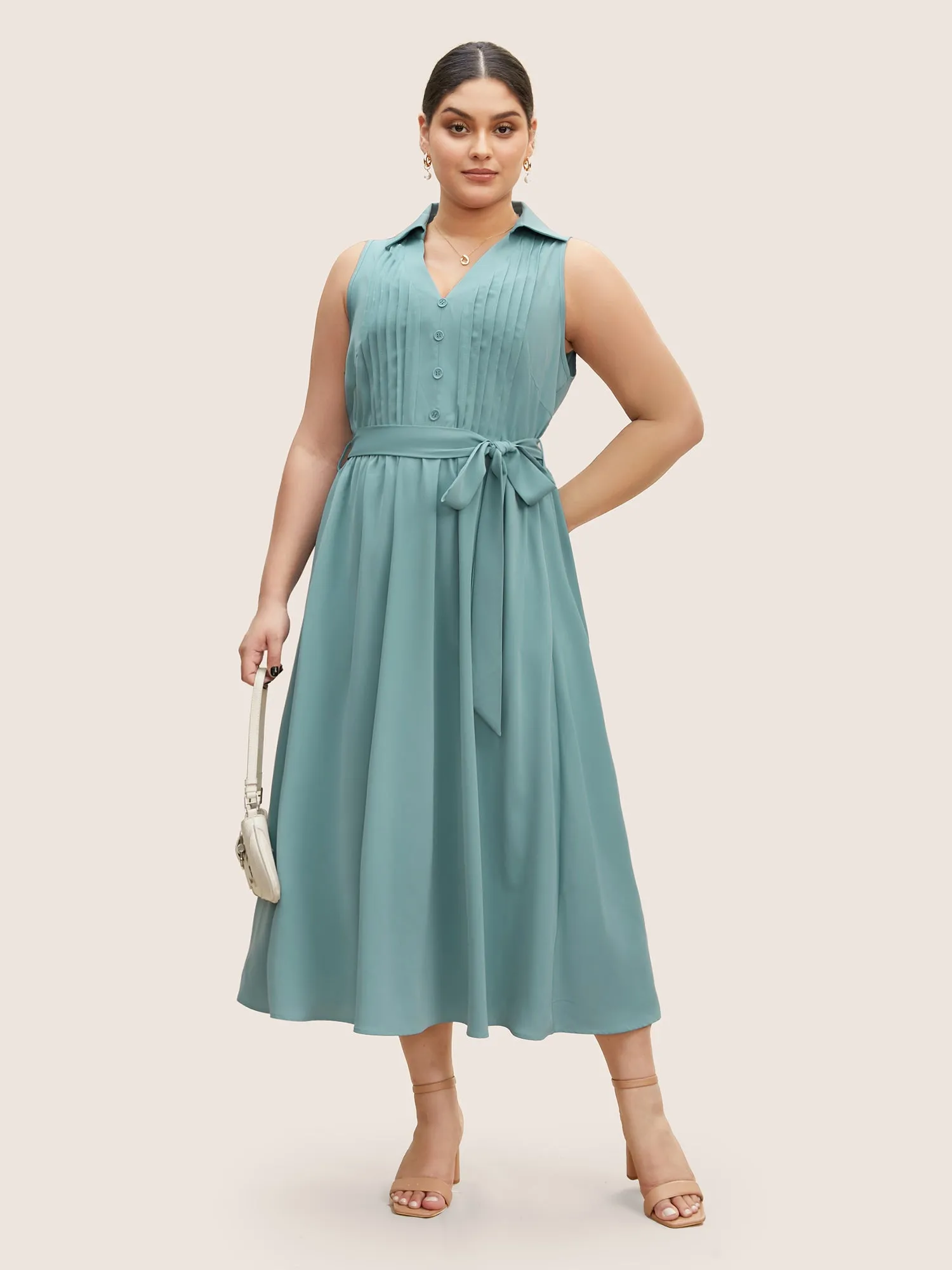 Plain Button Detail Belted Pleated Sleeveless Dress sold by Bloomchic