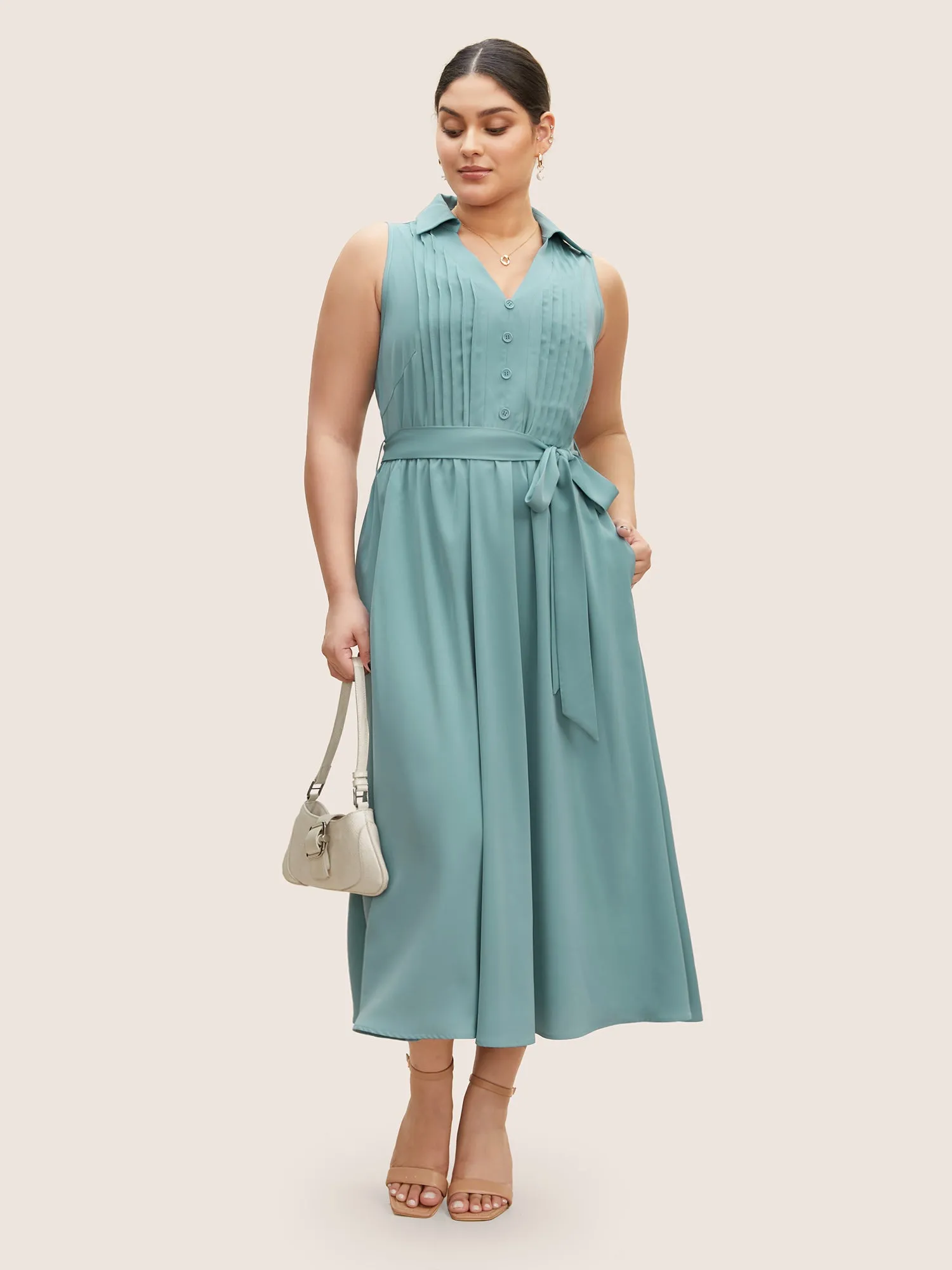 Plain Button Detail Belted Pleated Sleeveless Dress sold by Bloomchic product image thumbnail 4