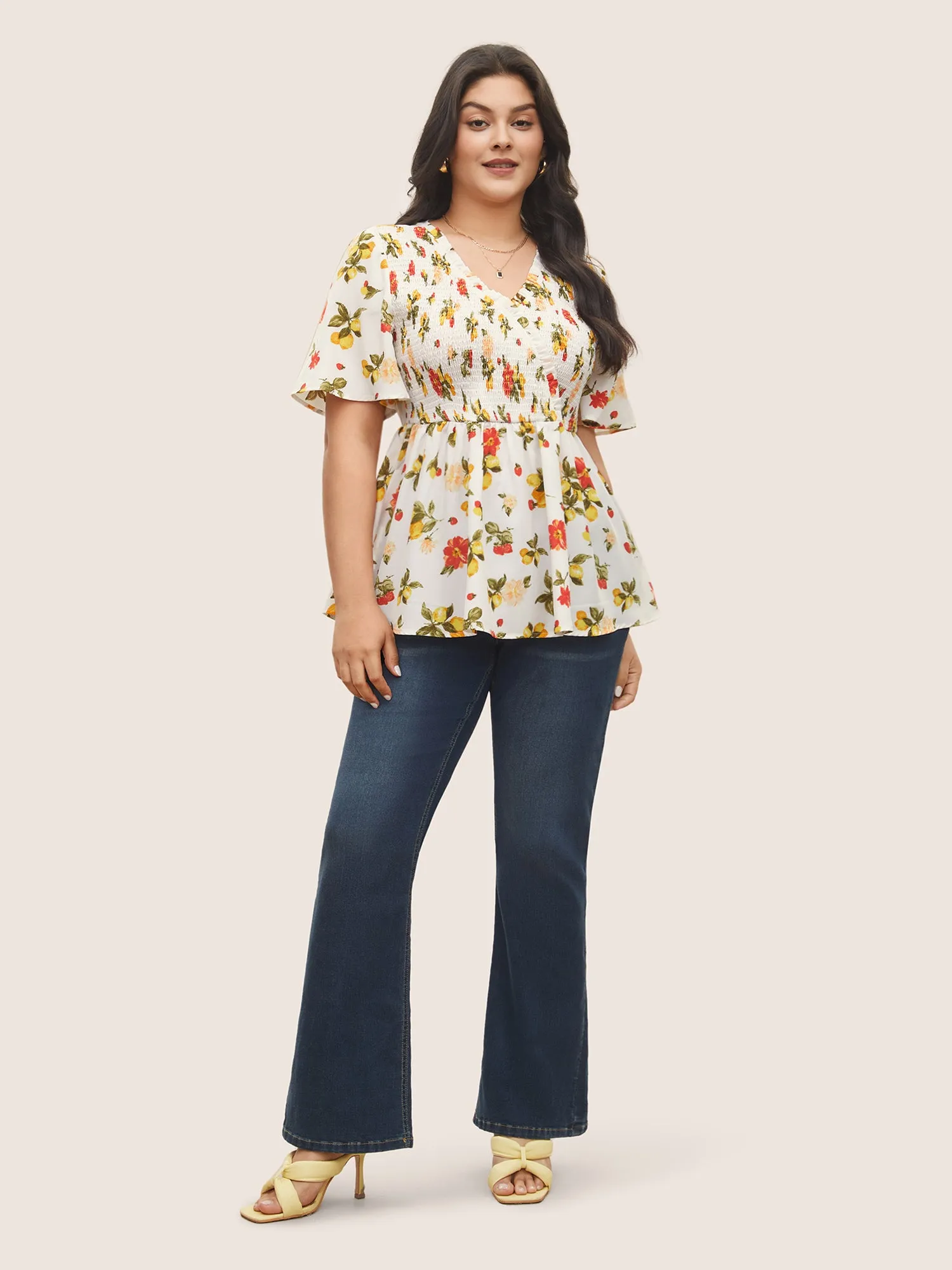 Citrus Lemon Print Elastic Waist Shirred Wrap Ruffles Blouse sold by Bloomchic product image thumbnail 3