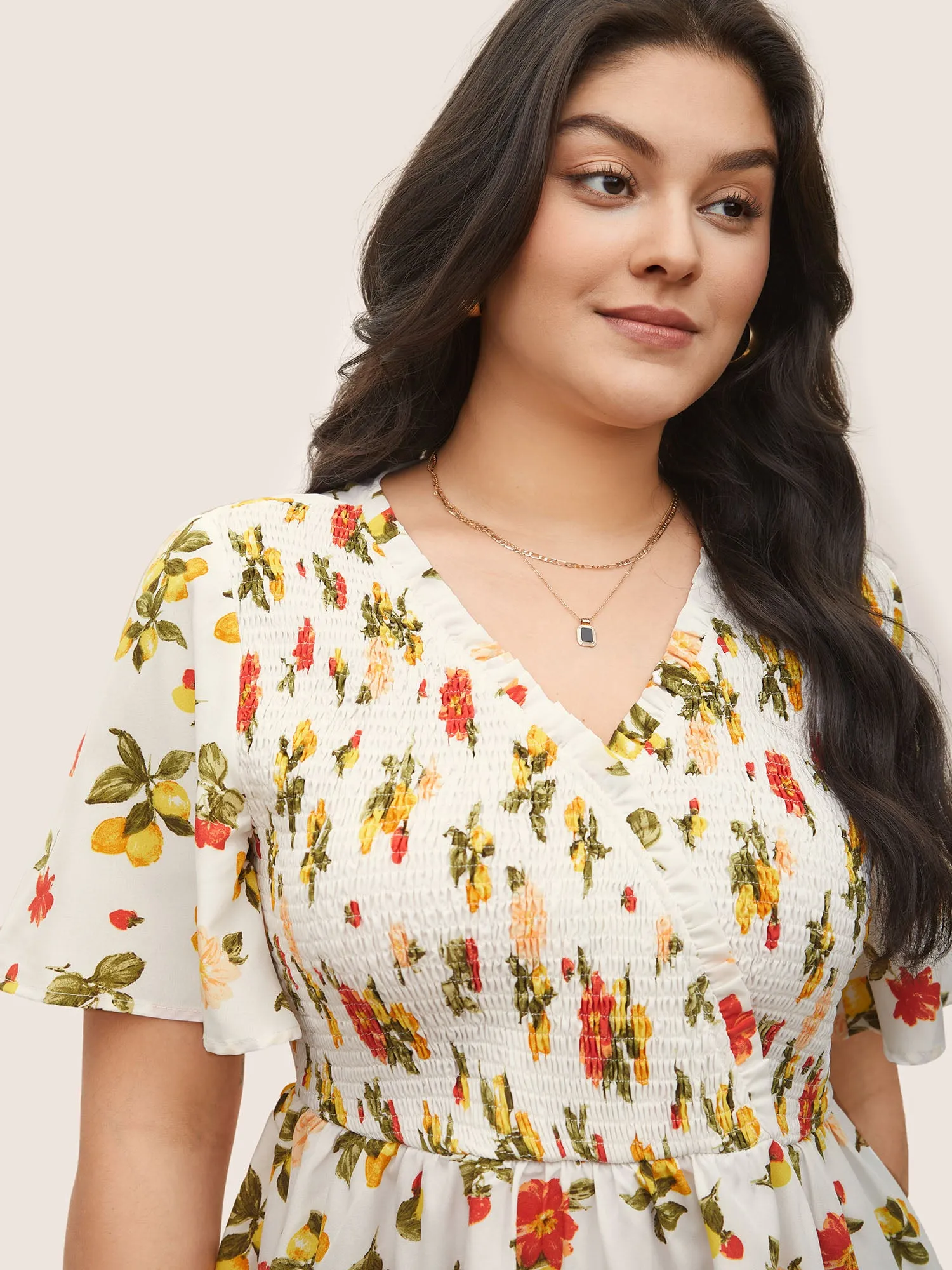 Citrus Lemon Print Elastic Waist Shirred Wrap Ruffles Blouse sold by Bloomchic product image thumbnail 4