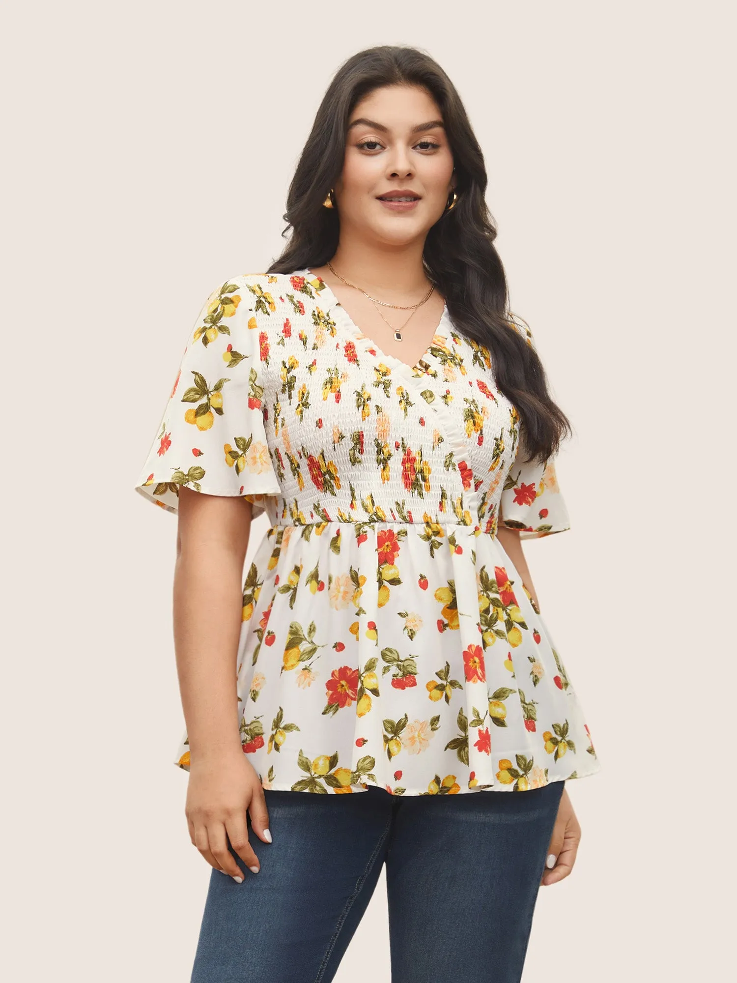 Citrus Lemon Print Elastic Waist Shirred Wrap Ruffles Blouse sold by Bloomchic