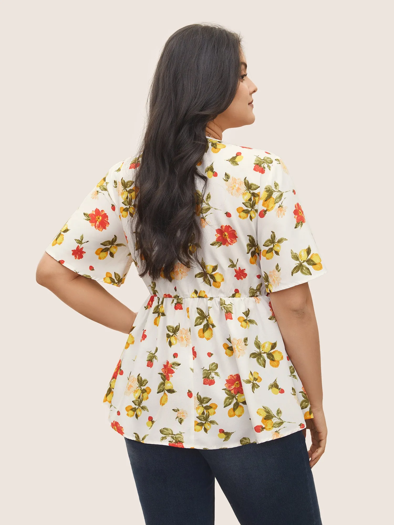 Citrus Lemon Print Elastic Waist Shirred Wrap Ruffles Blouse sold by Bloomchic product image thumbnail 5